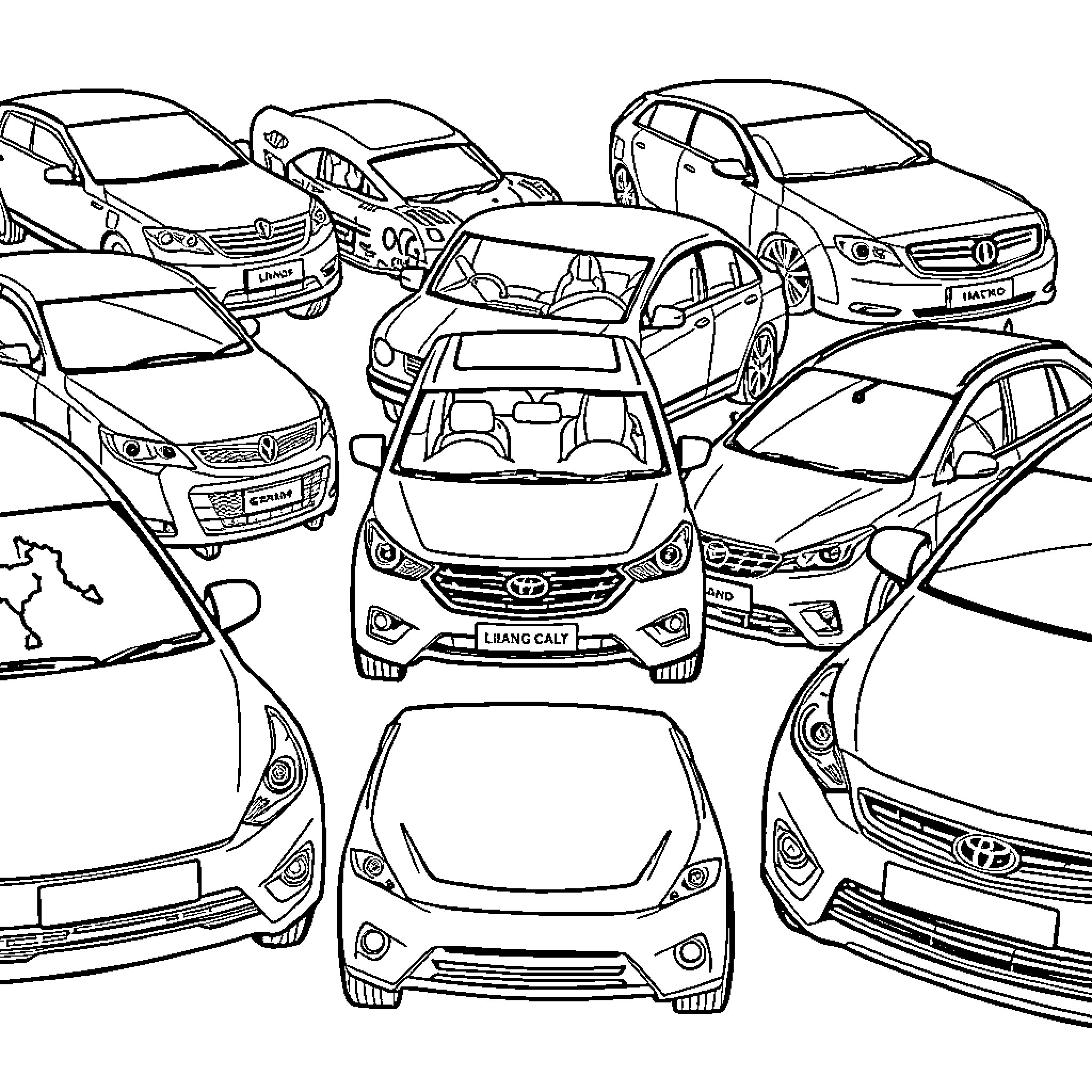 Car Logo Collection of Automobiles in Showroom Coloring Page (free black-and-white line drawing printable PDF for all, from beginners to advanced learners, including children, teens, adults, and seniors)
