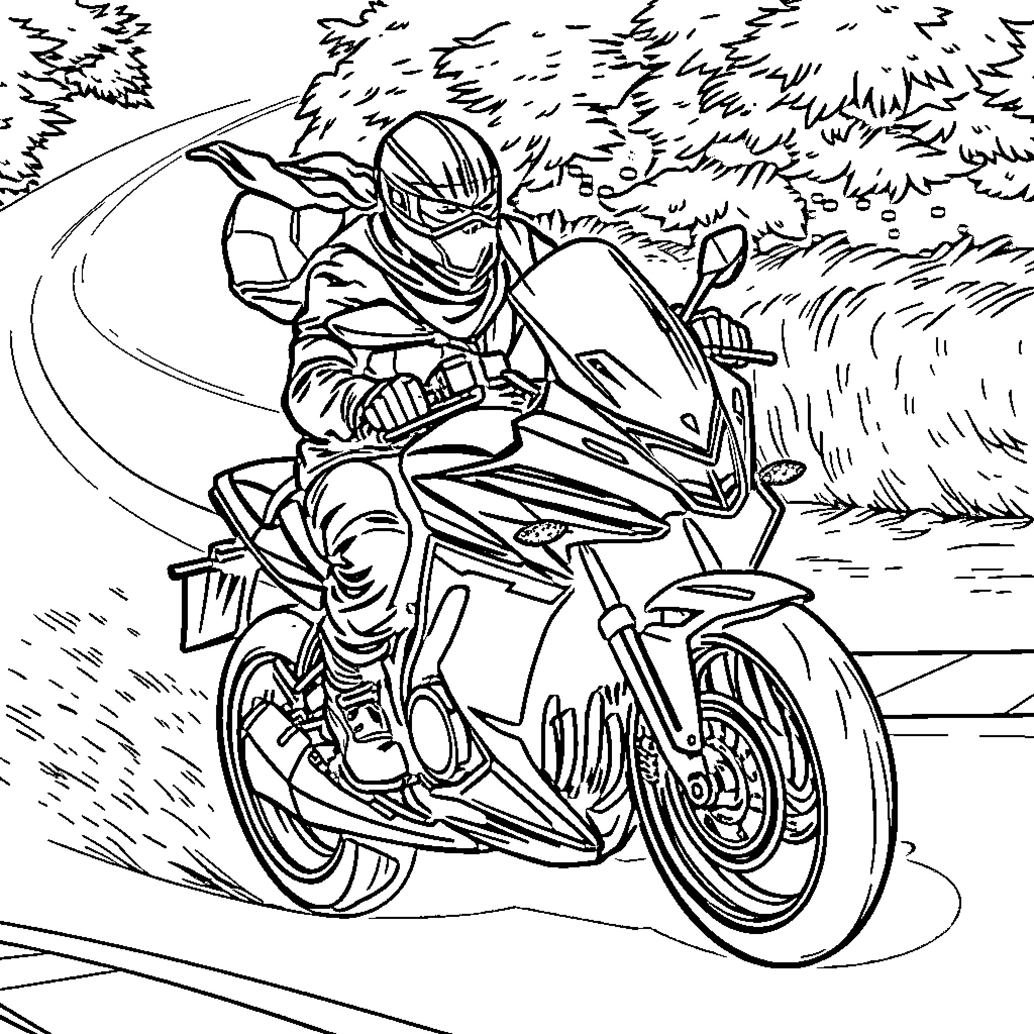 Ninja riding motorcycle through winding road Coloring Page (free black-and-white line drawing printable PDF for all, from beginners to advanced learners, including children, teens, adults, and seniors)