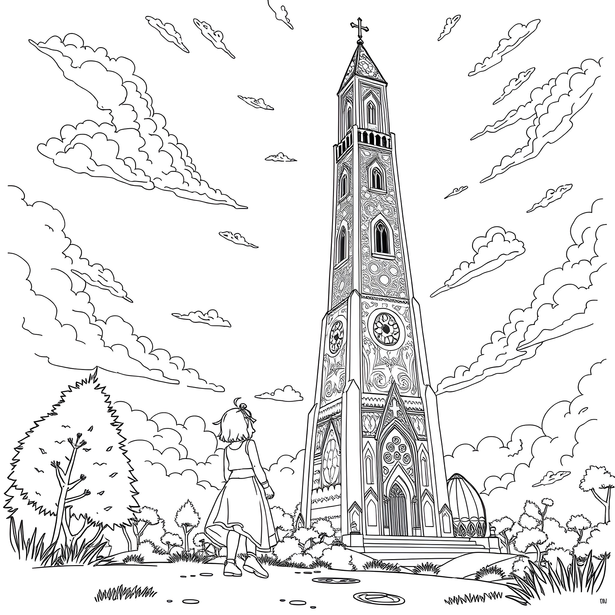 Maelle explores the magnificent church tower against the cloudy sky Coloring Page (free black-and-white line drawing printable PDF for all, from beginners to advanced learners, including children, teens, adults, and seniors)