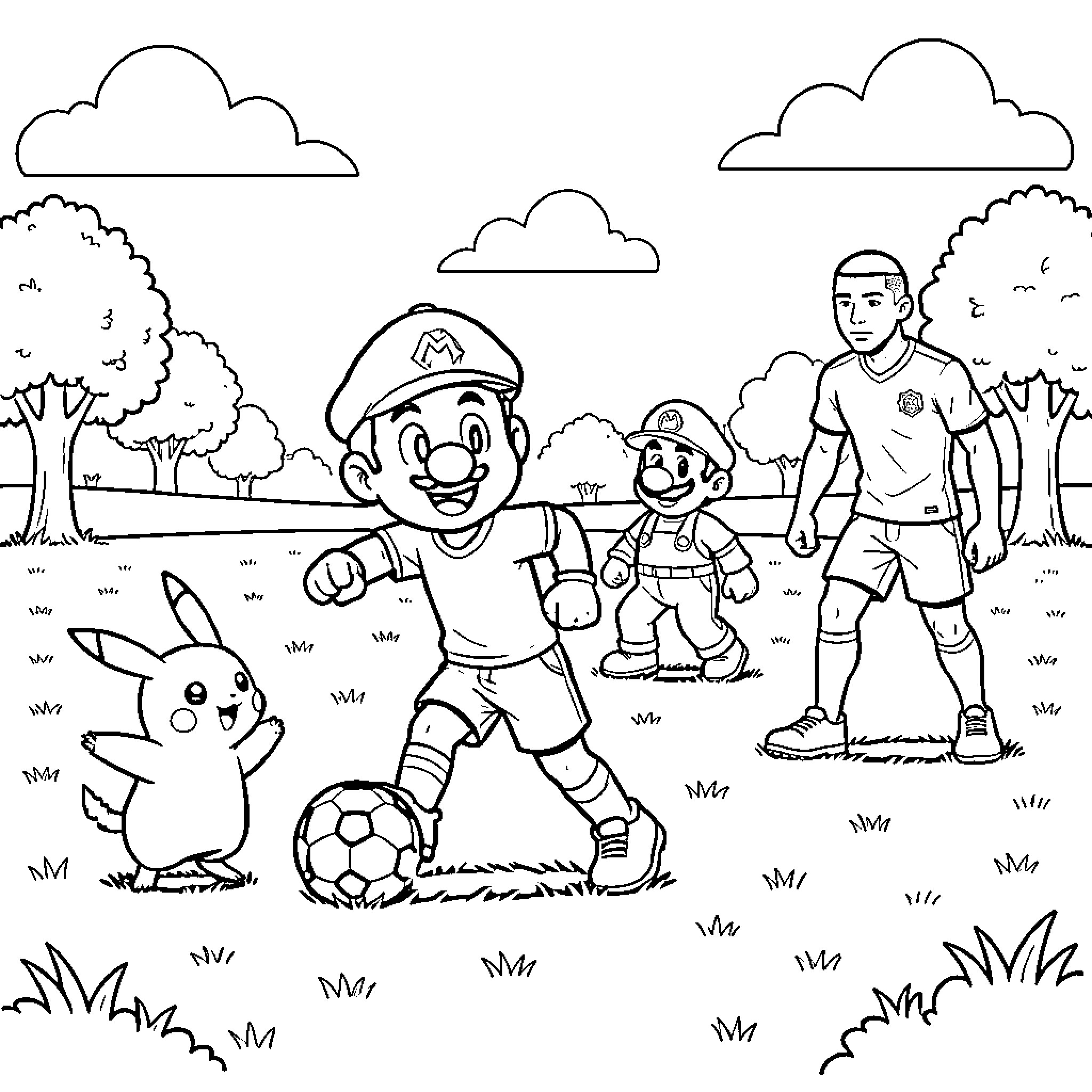 Spydee characters playing soccer in a grassy field Coloring Page (free black-and-white line drawing printable PDF for all, from beginners to advanced learners, including children, teens, adults, and seniors)