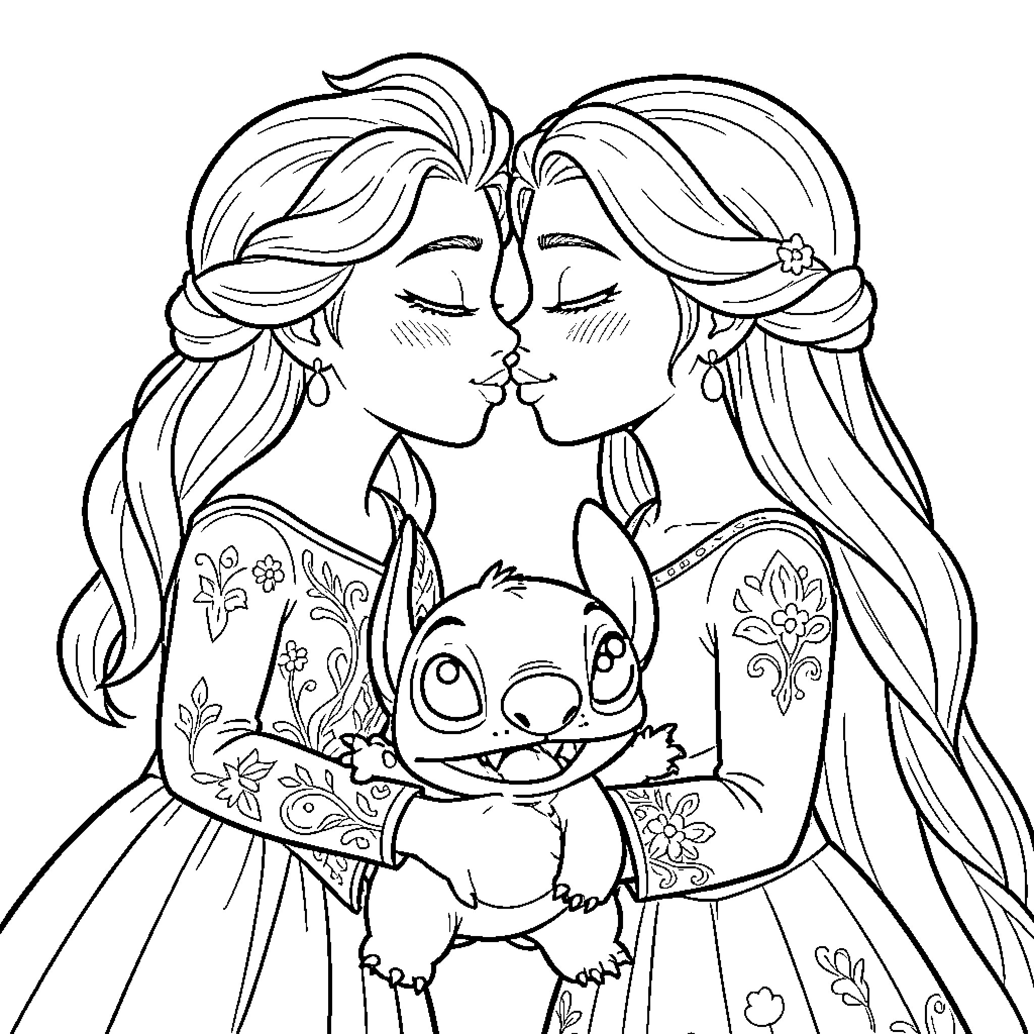 Princesses kissing gently while holding a cute creature Coloring Page (free black-and-white line drawing printable PDF for all, from beginners to advanced learners, including children, teens, adults, and seniors)