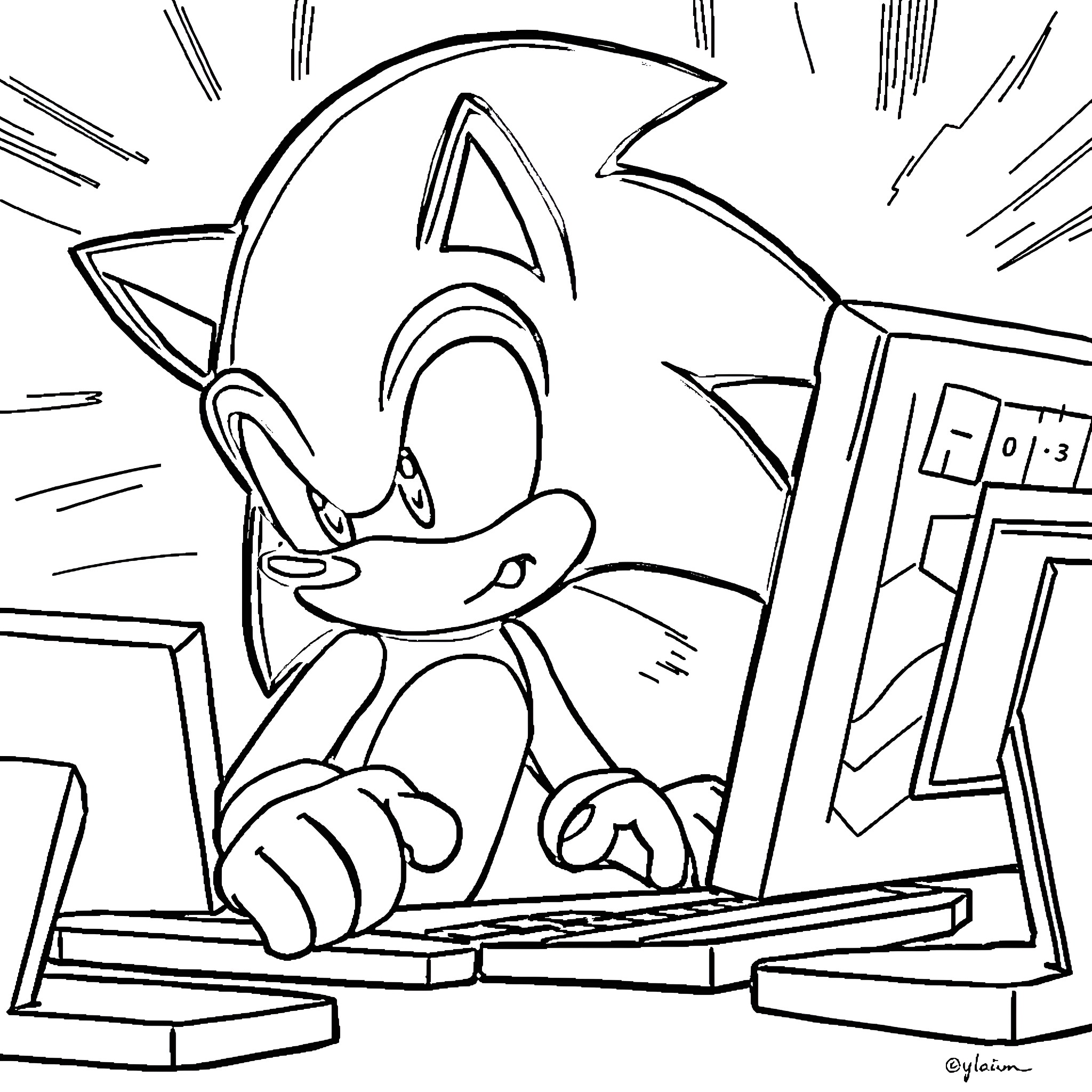 Sonic gaming with computer and screens Coloring Page (free black-and-white line drawing printable PDF for all, from beginners to advanced learners, including children, teens, adults, and seniors)