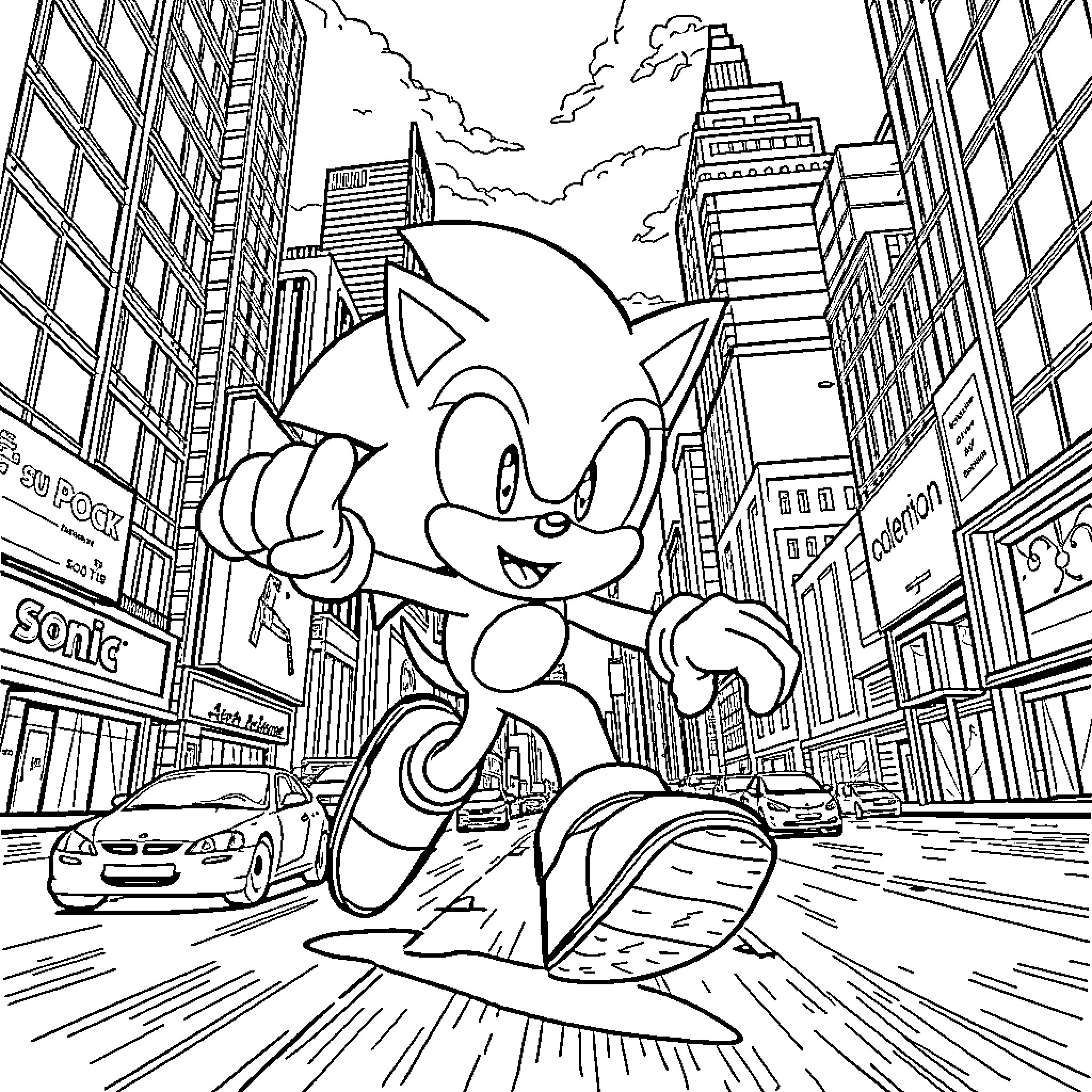 Sonic dashing through the city streets Coloring Page (free black-and-white line drawing printable PDF for all, from beginners to advanced learners, including children, teens, adults, and seniors)