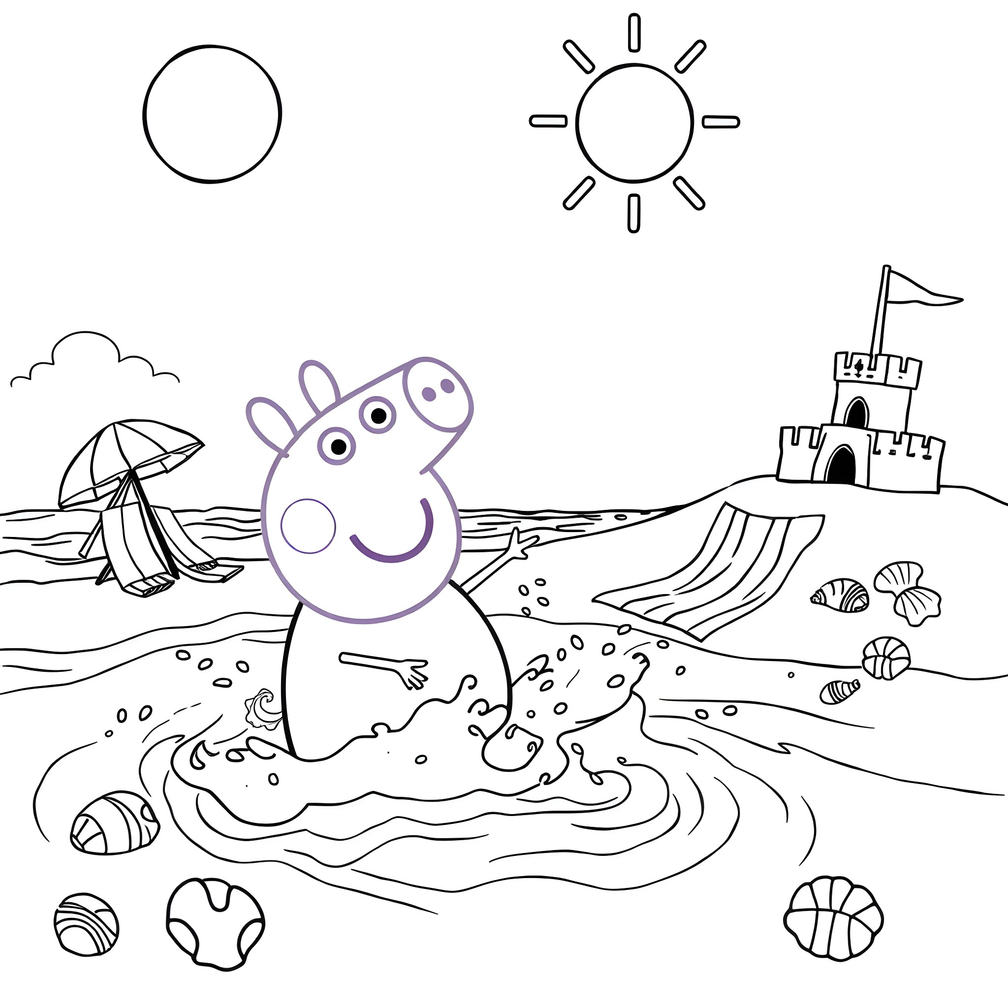 Peppa Pig playing in the beach with sandcastles Coloring Page (free black-and-white line drawing printable PDF for all, from beginners to advanced learners, including children, teens, adults, and seniors)