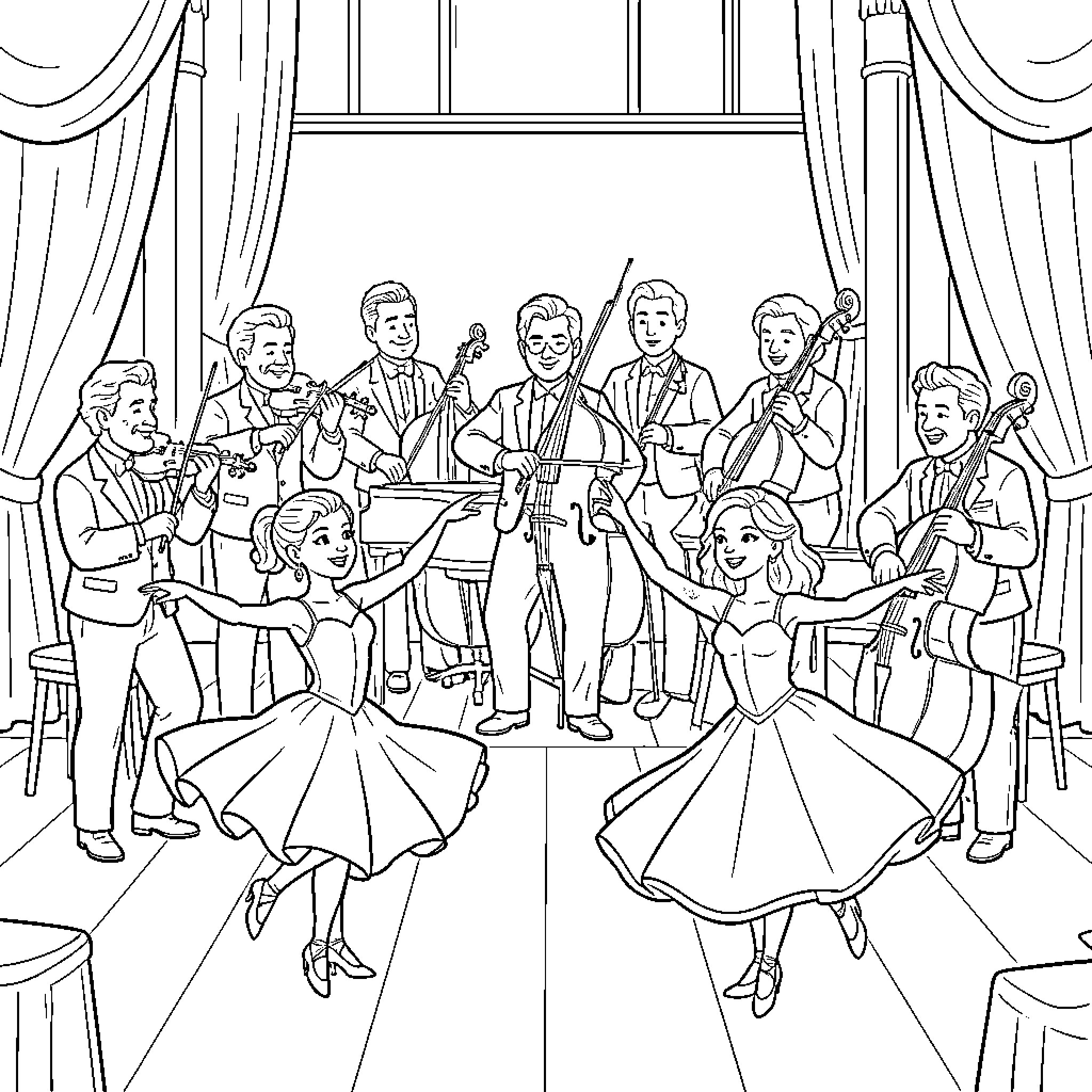 Musician ensemble performing while ballerinas dance on stage Coloring Page (free black-and-white line drawing printable PDF for all, from beginners to advanced learners, including children, teens, adults, and seniors)