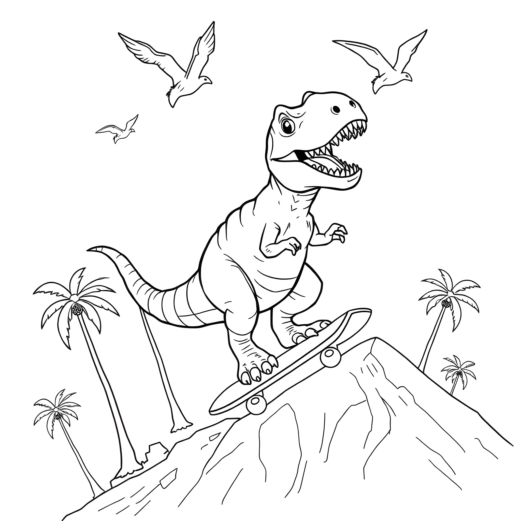 T-Rex skateboarding with seagulls in tropical landscape Coloring Page (free black-and-white line drawing printable PDF for all, from beginners to advanced learners, including children, teens, adults, and seniors)