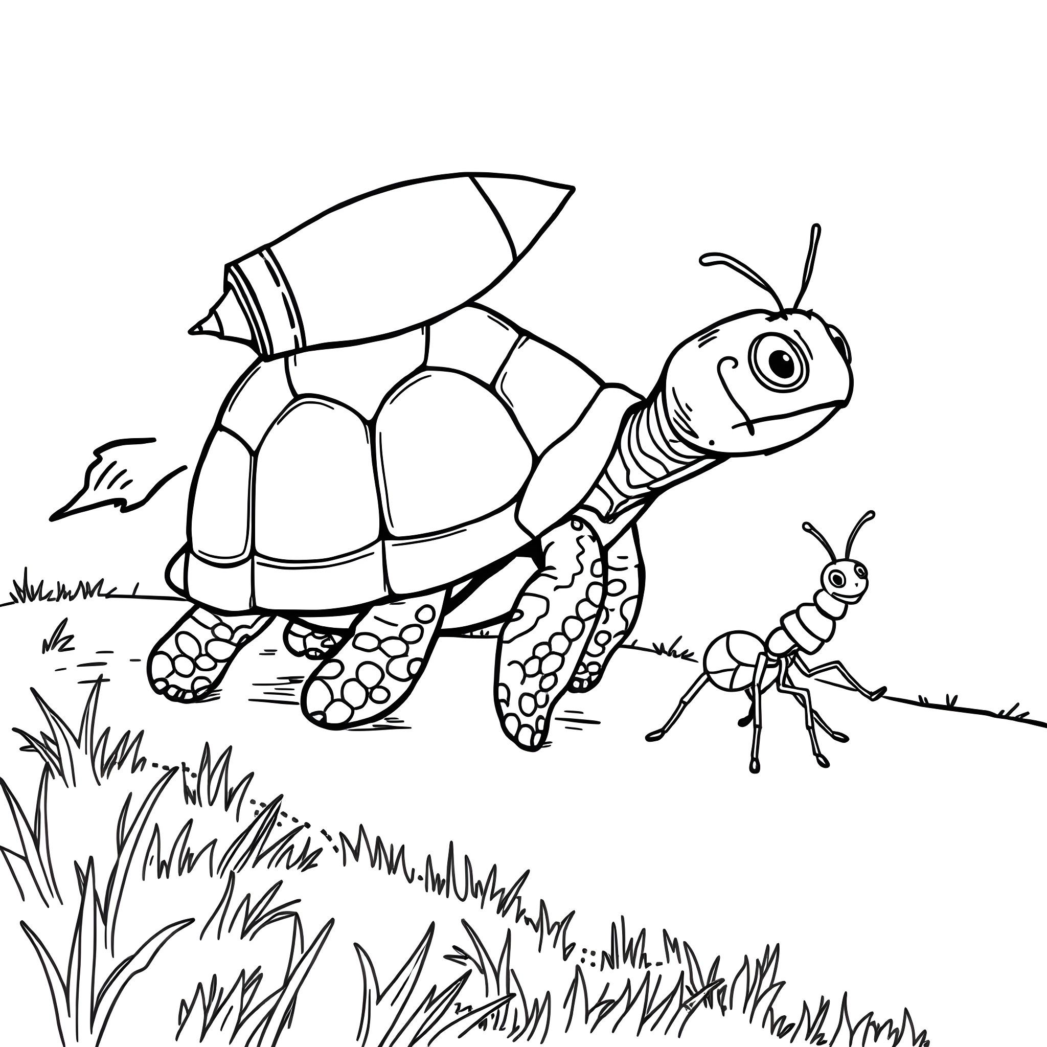 Turtle and Ant Exploring the Outdoors Coloring Page (free black-and-white line drawing printable PDF for all, from beginners to advanced learners, including children, teens, adults, and seniors)