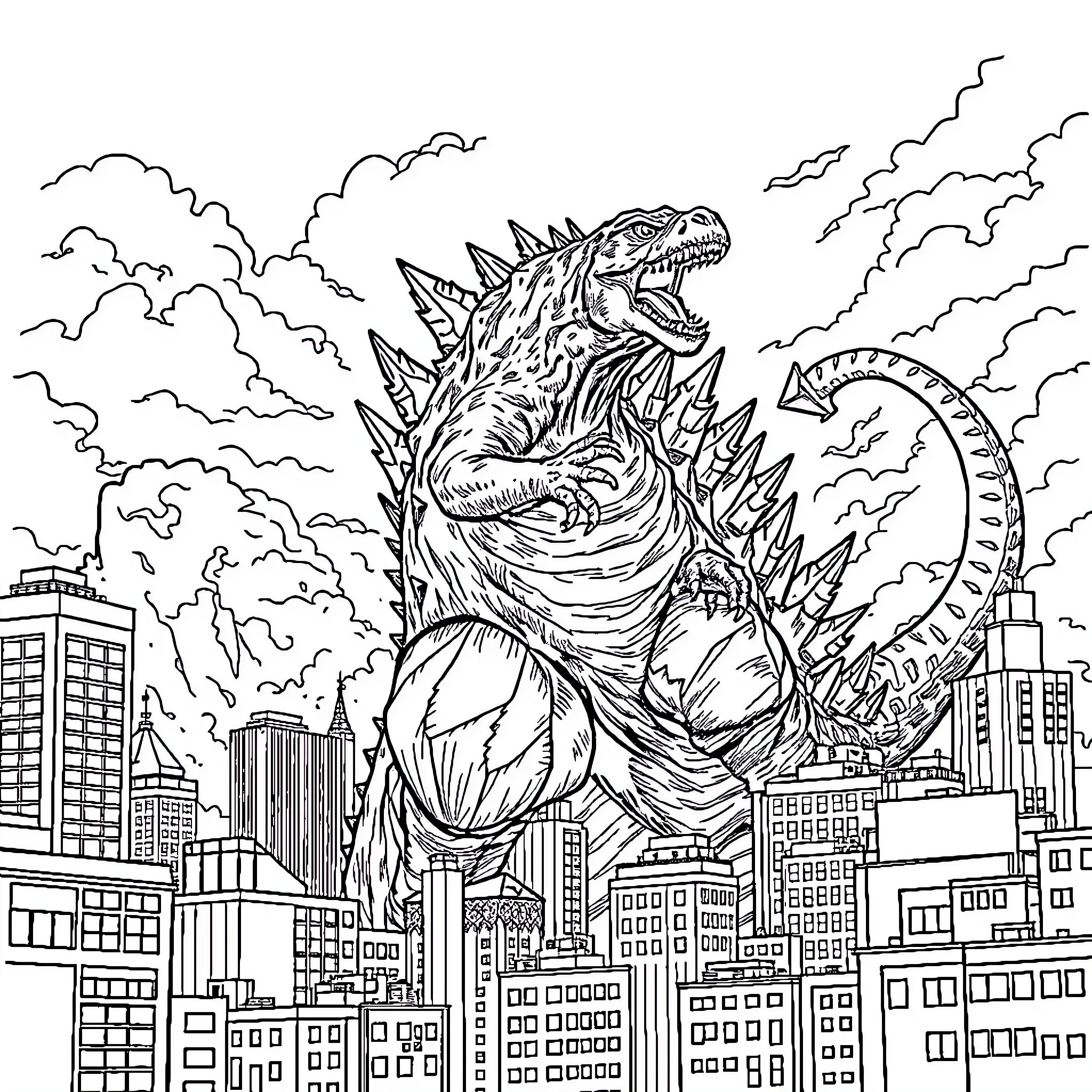Godzilla rampaging through the city skyline Coloring Page (free black-and-white line drawing printable PDF for all, from beginners to advanced learners, including children, teens, adults, and seniors)