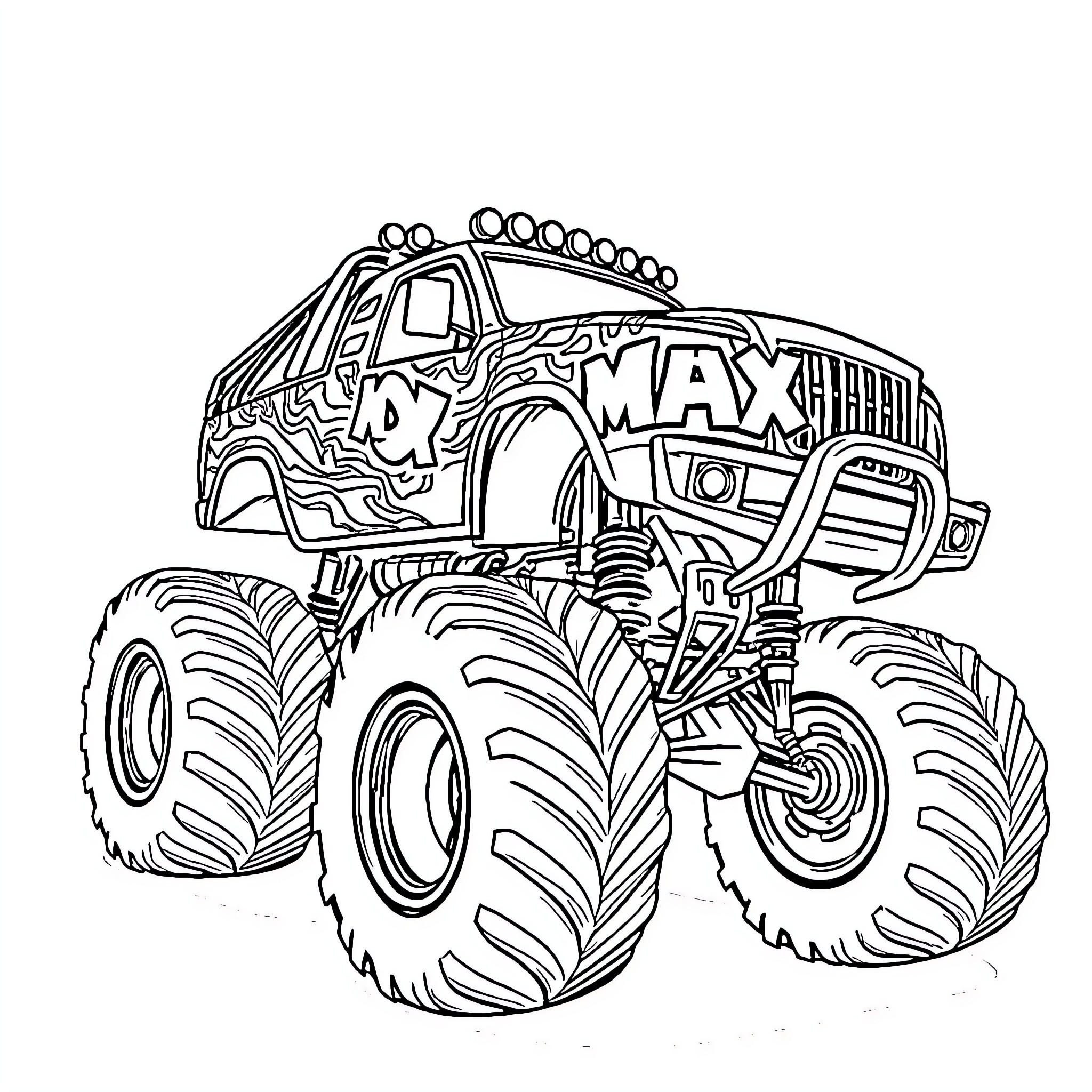 Max-D Monster Truck Performing Stunts Coloring Page (free black-and-white line drawing printable PDF for all, from beginners to advanced learners, including children, teens, adults, and seniors)