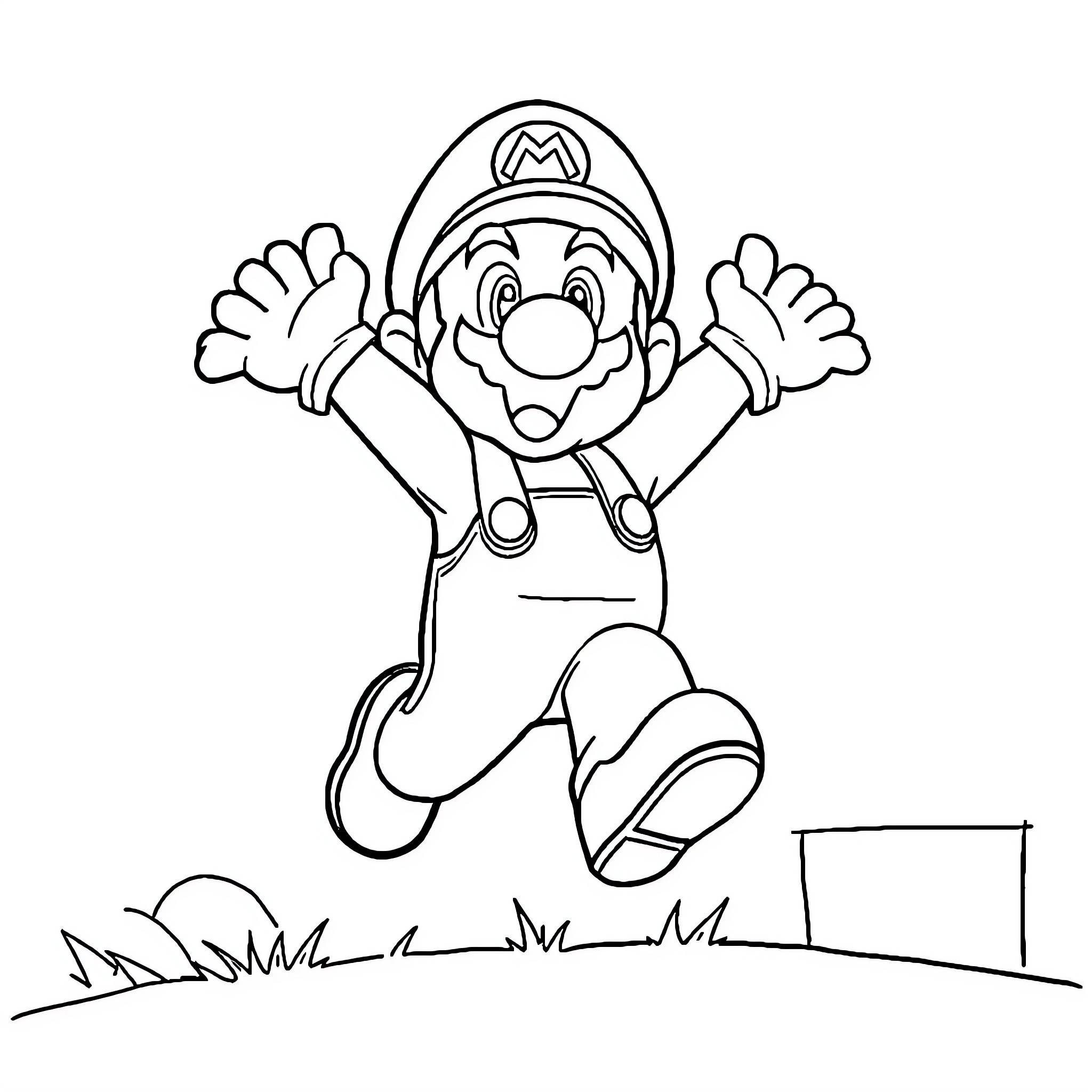 Mario Jumping Excitedly in the Outdoors Coloring Page (free black-and-white line drawing printable PDF for all, from beginners to advanced learners, including children, teens, adults, and seniors)