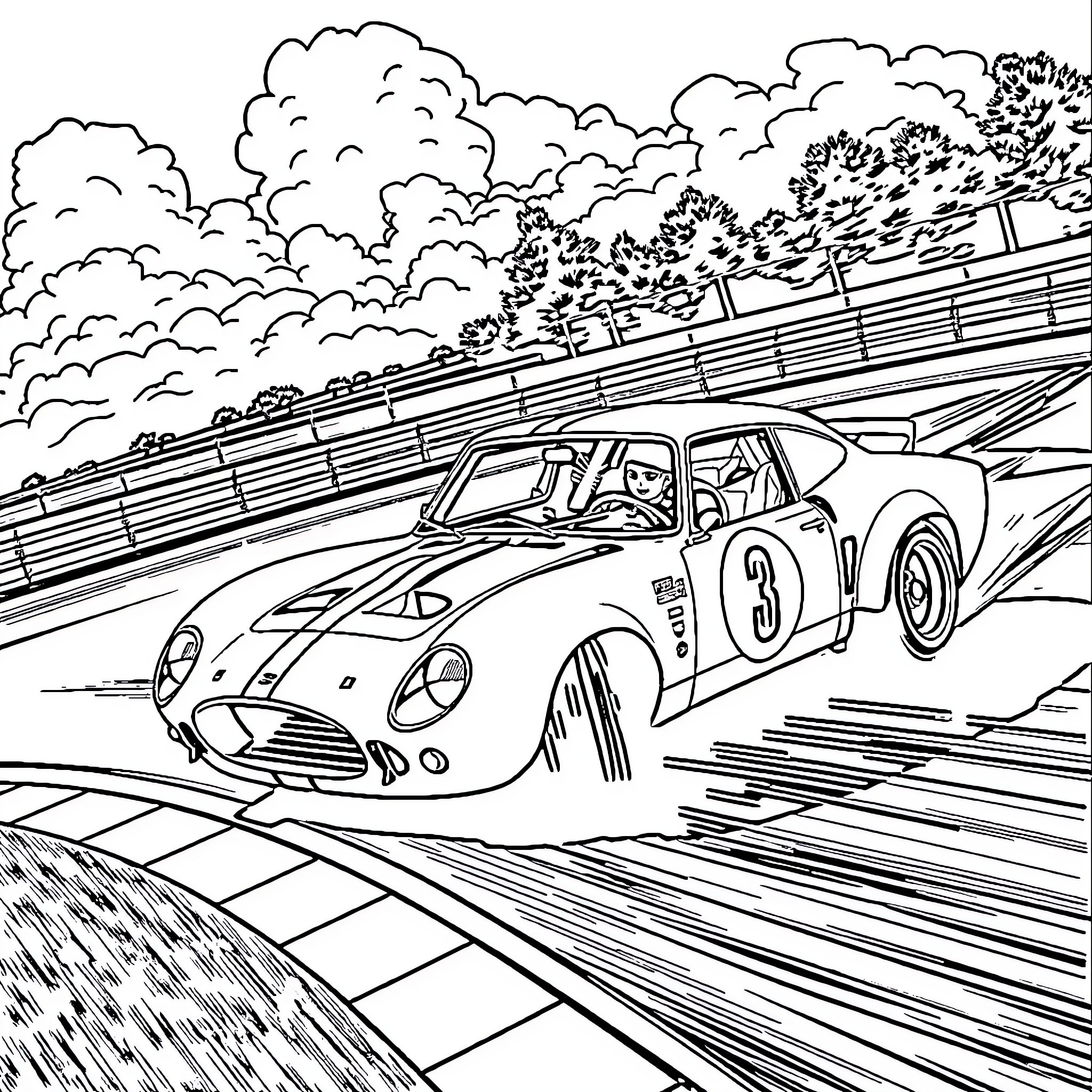 Ford race car speeding through winding road Coloring Page (free black-and-white line drawing printable PDF for all, from beginners to advanced learners, including children, teens, adults, and seniors)