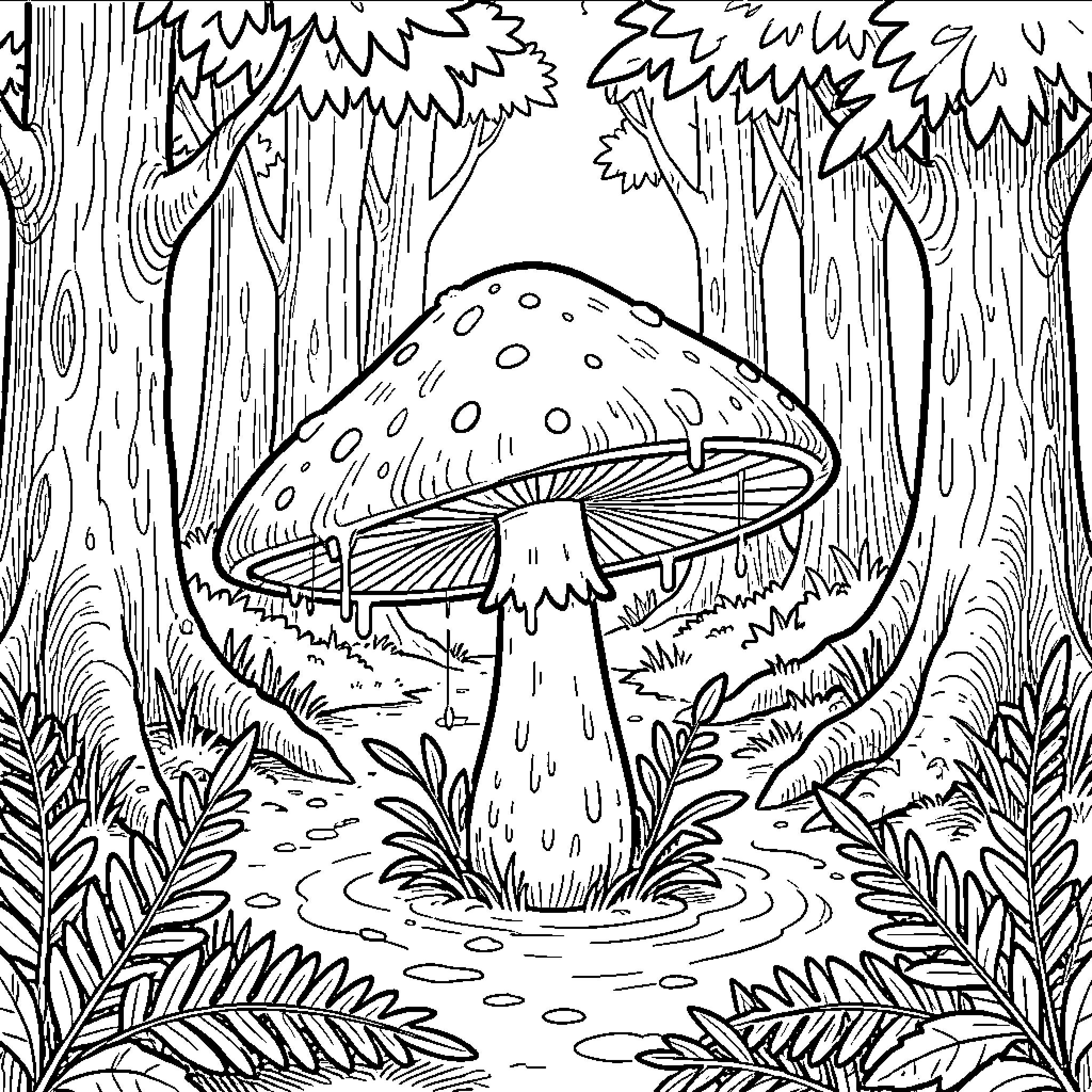 Mushroom standing tall in a dense forest setting Coloring Page (free black-and-white line drawing printable PDF for all, from beginners to advanced learners, including children, teens, adults, and seniors)