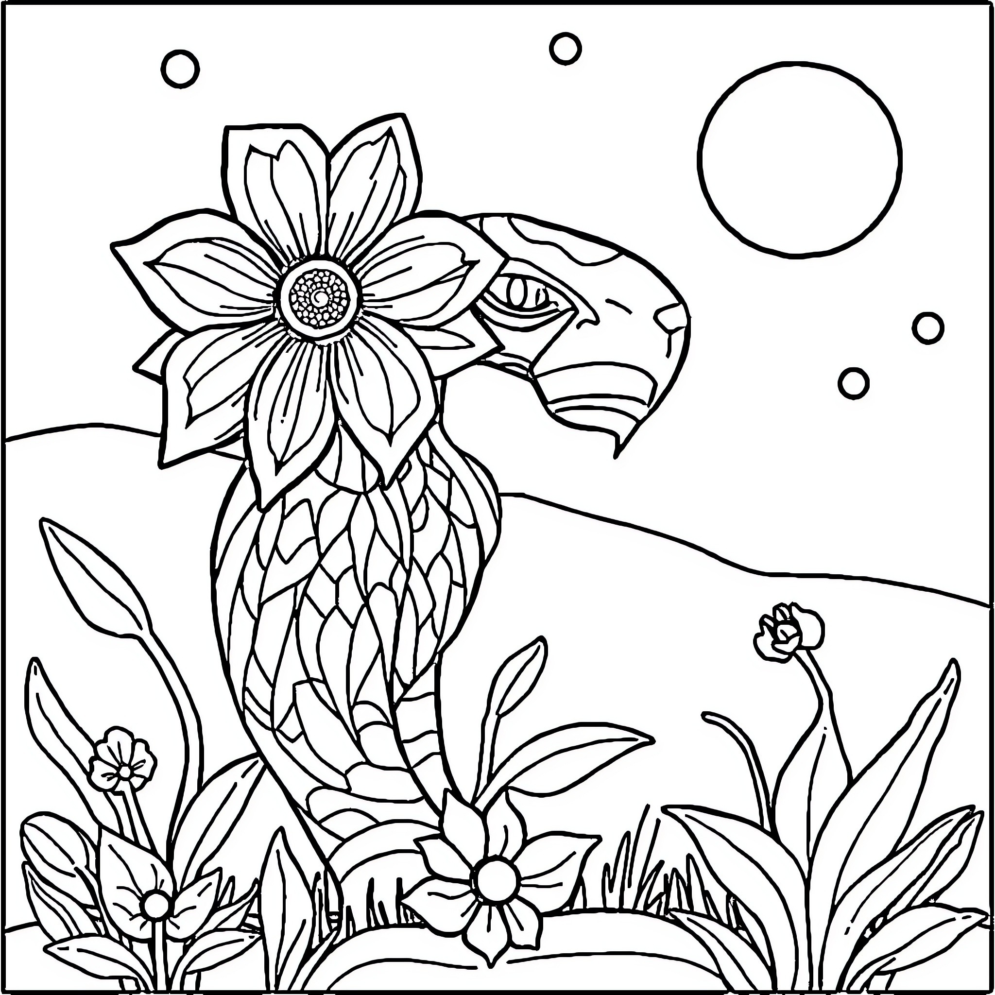Printable Floral Parrot in Nature Scene Coloring Page (free black-and-white line drawing printable PDF for all, from beginners to advanced learners, including children, teens, adults, and seniors)