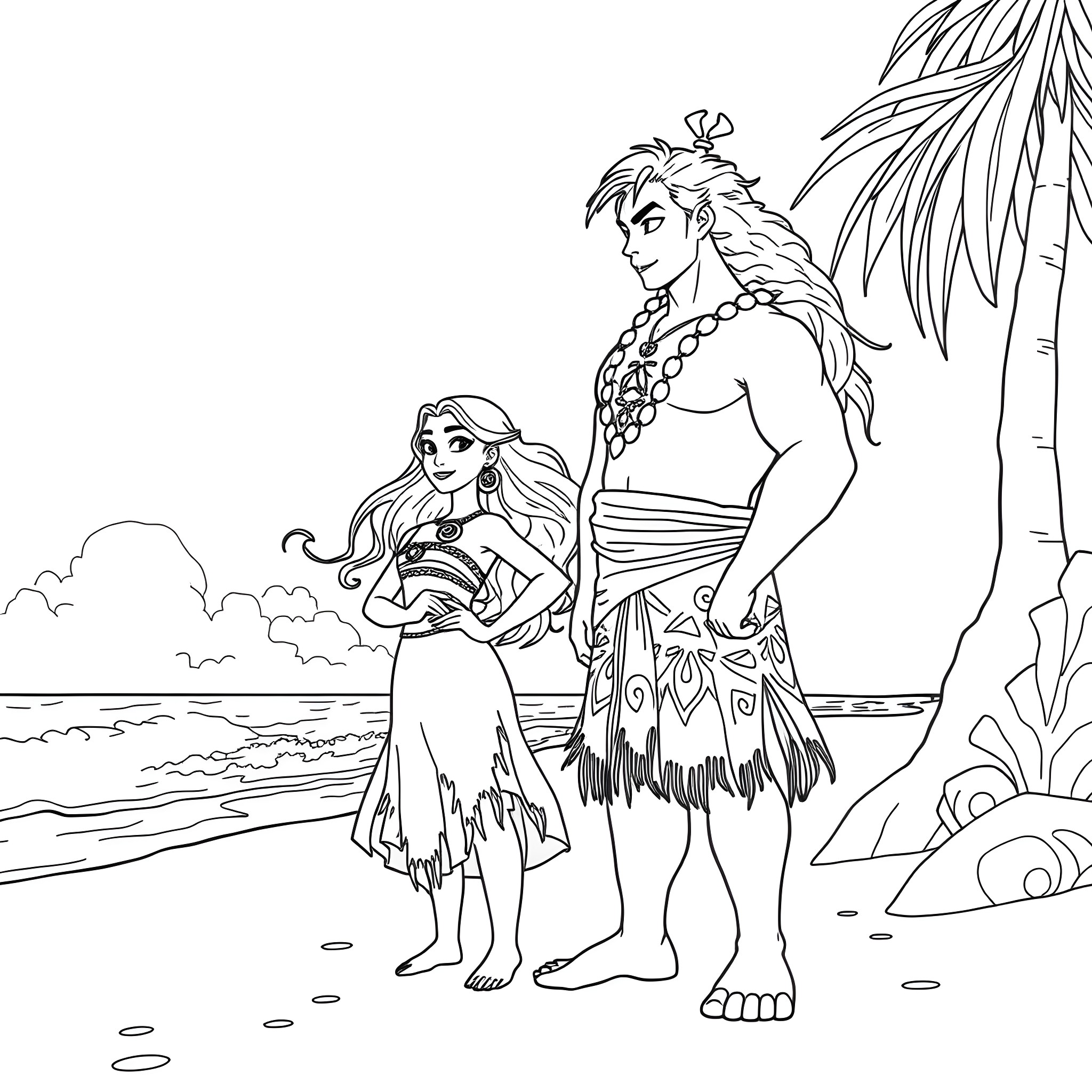 Moana and Maui on a tropical beach Coloring Page (free black-and-white line drawing printable PDF for all, from beginners to advanced learners, including children, teens, adults, and seniors)