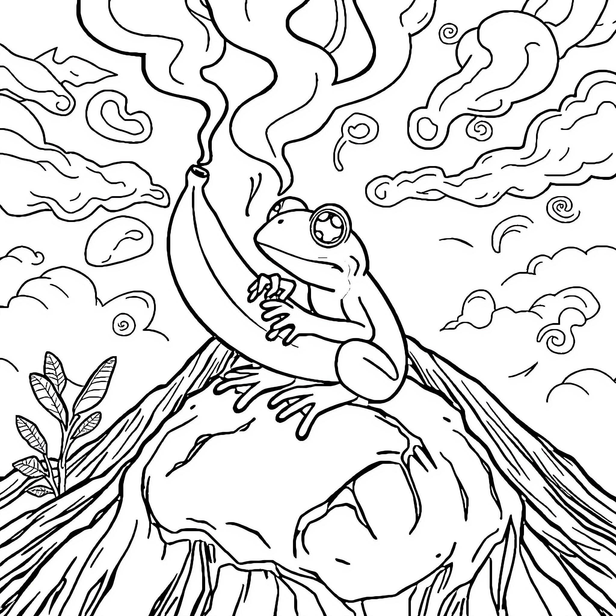 Frog sitting atop a rock in a mystical landscape Coloring Page (free black-and-white line drawing printable PDF for all, from beginners to advanced learners, including children, teens, adults, and seniors)