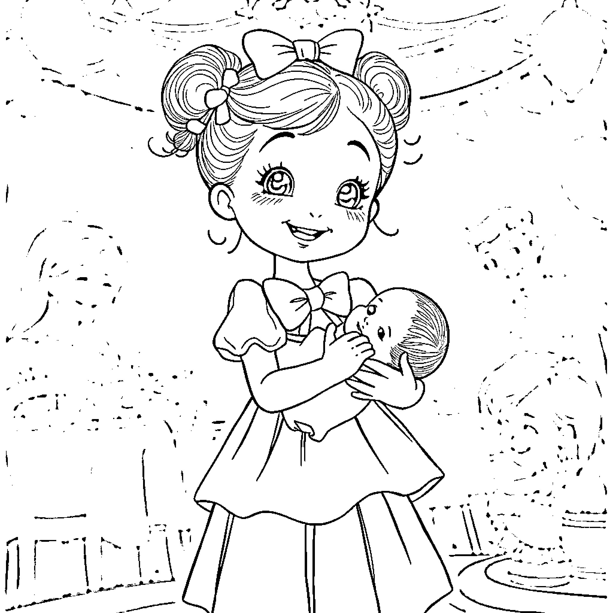 Girl embracing a cute doll affectionately Coloring Page (free black-and-white line drawing printable PDF for all, from beginners to advanced learners, including children, teens, adults, and seniors)