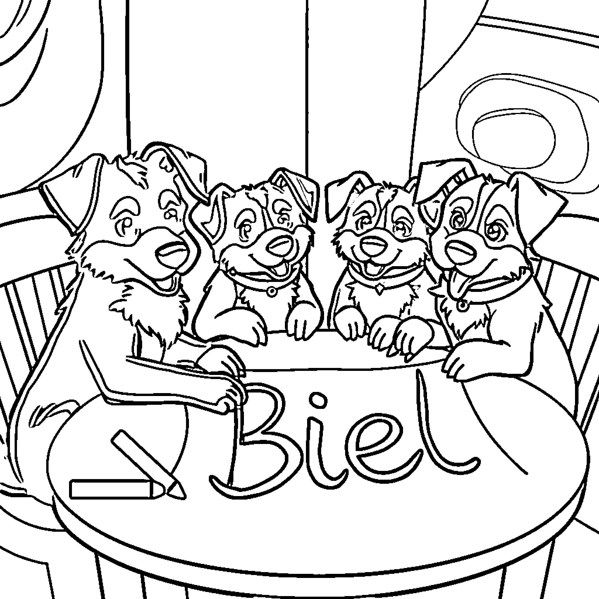 Patrulla Canina Puppies Playing Together Coloring Page (free black-and-white line drawing printable PDF for all, from beginners to advanced learners, including children, teens, adults, and seniors)
