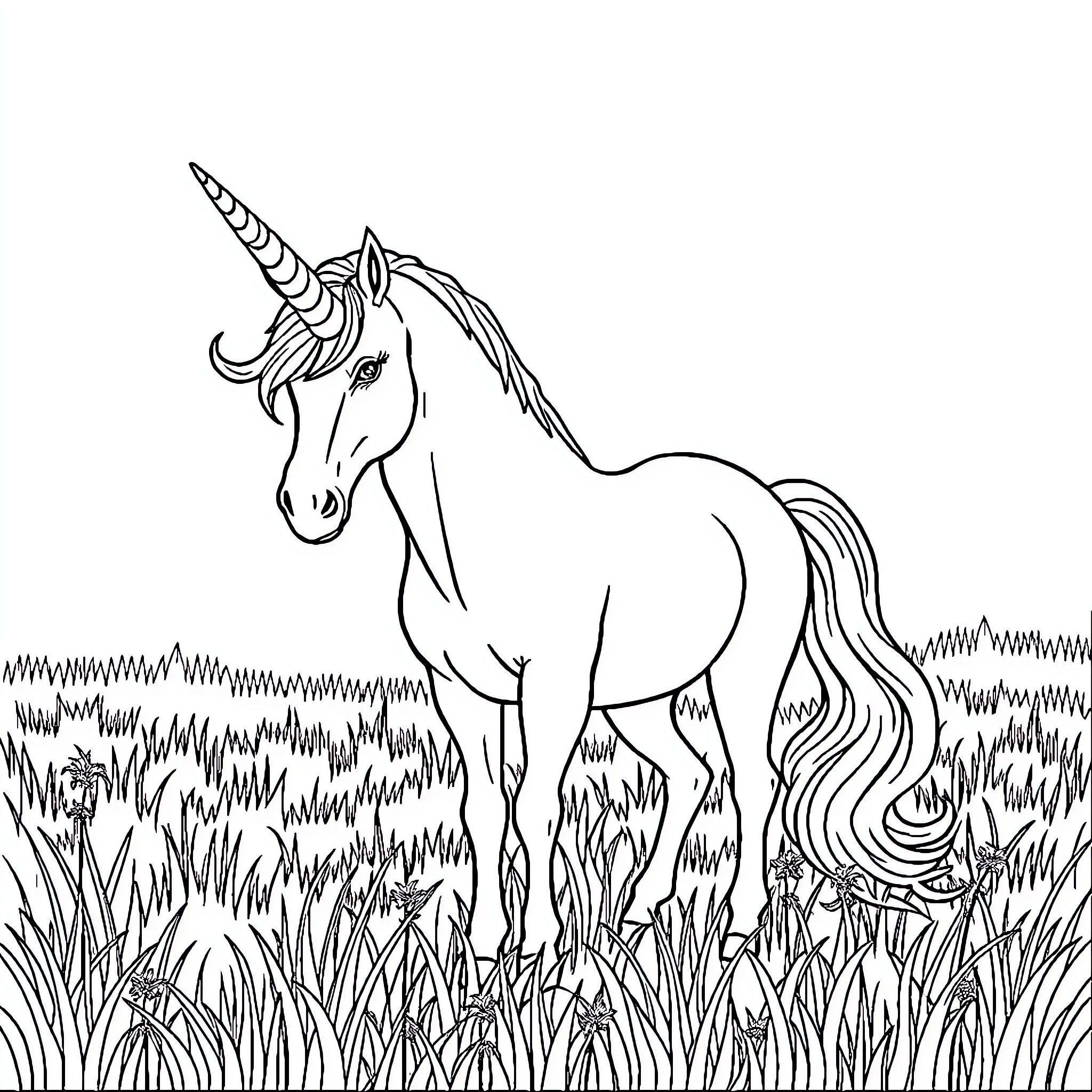 Unicorn standing proudly in a lush meadow Coloring Page (free black-and-white line drawing printable PDF for all, from beginners to advanced learners, including children, teens, adults, and seniors)