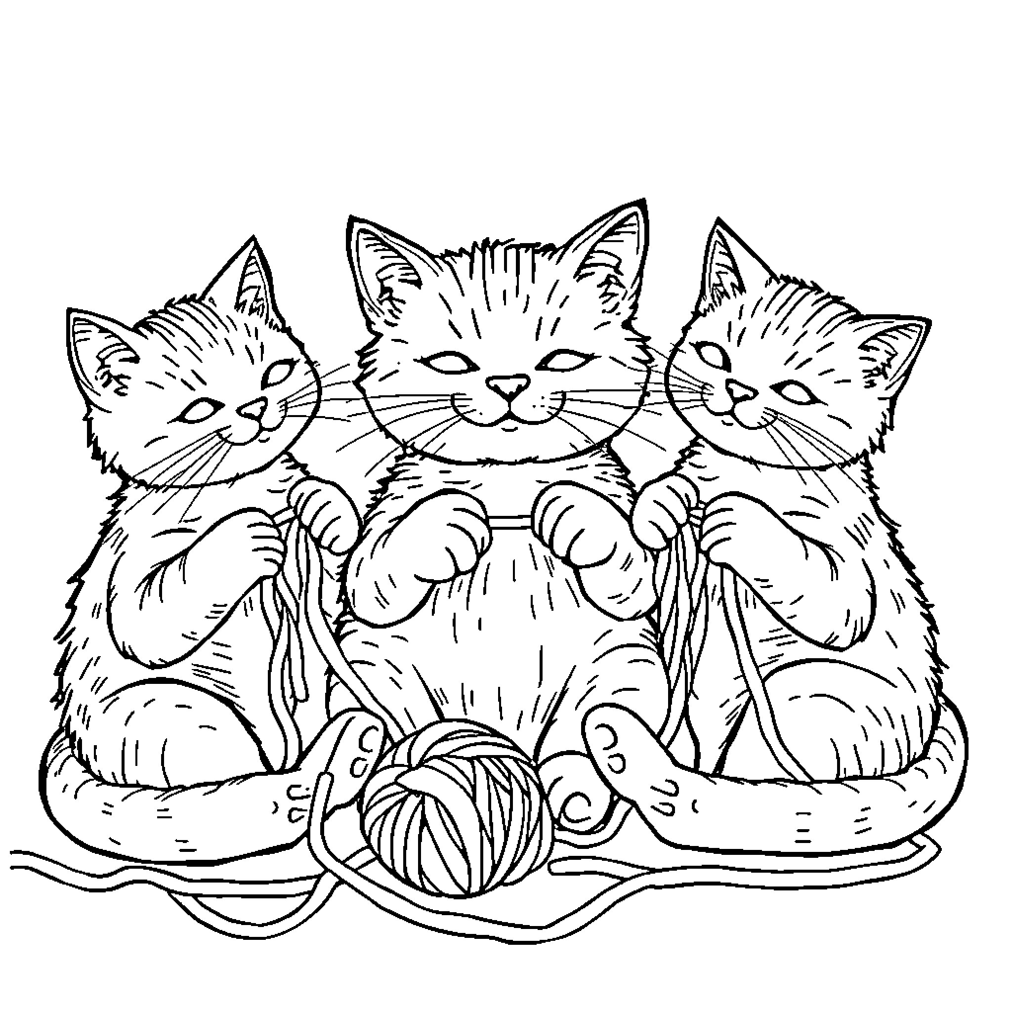 Cat Kittens Playing with Yarn Coloring Page (free black-and-white line drawing printable PDF for all, from beginners to advanced learners, including children, teens, adults, and seniors)