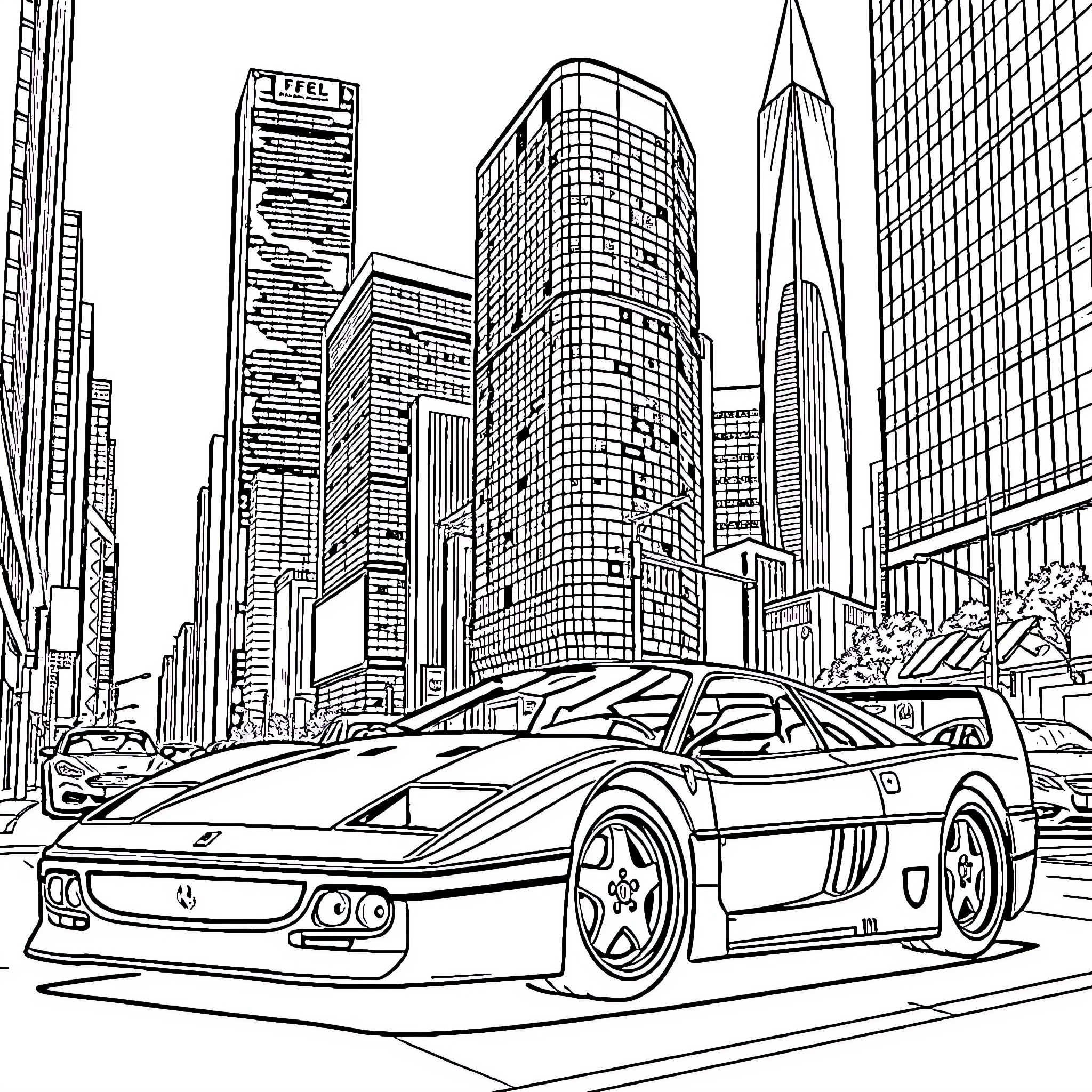 Ferrari supercar racing through busy city skyline Coloring Page (free black-and-white line drawing printable PDF for all, from beginners to advanced learners, including children, teens, adults, and seniors)