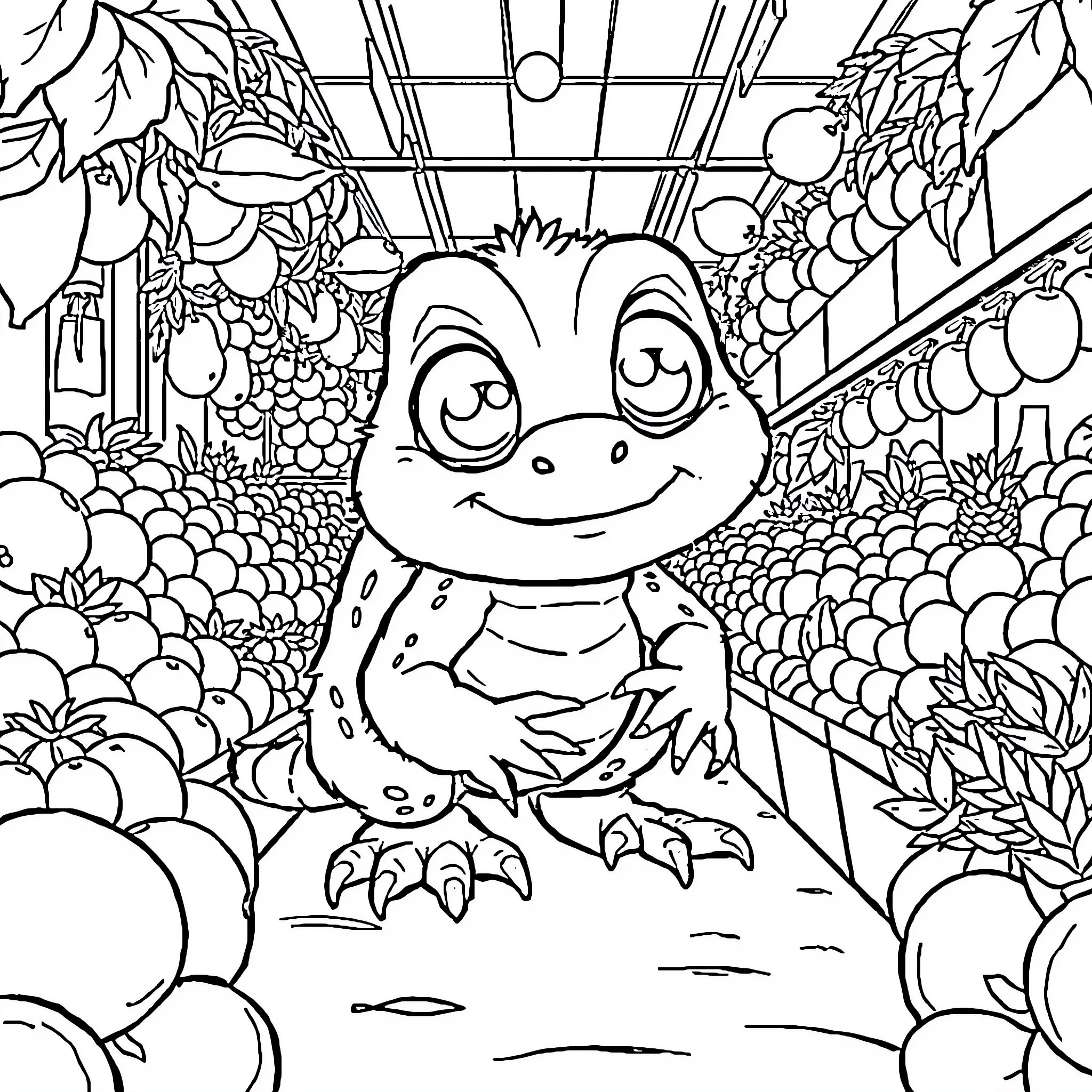 Monster frog in a magical garden Coloring Page (free black-and-white line drawing printable PDF for all, from beginners to advanced learners, including children, teens, adults, and seniors)