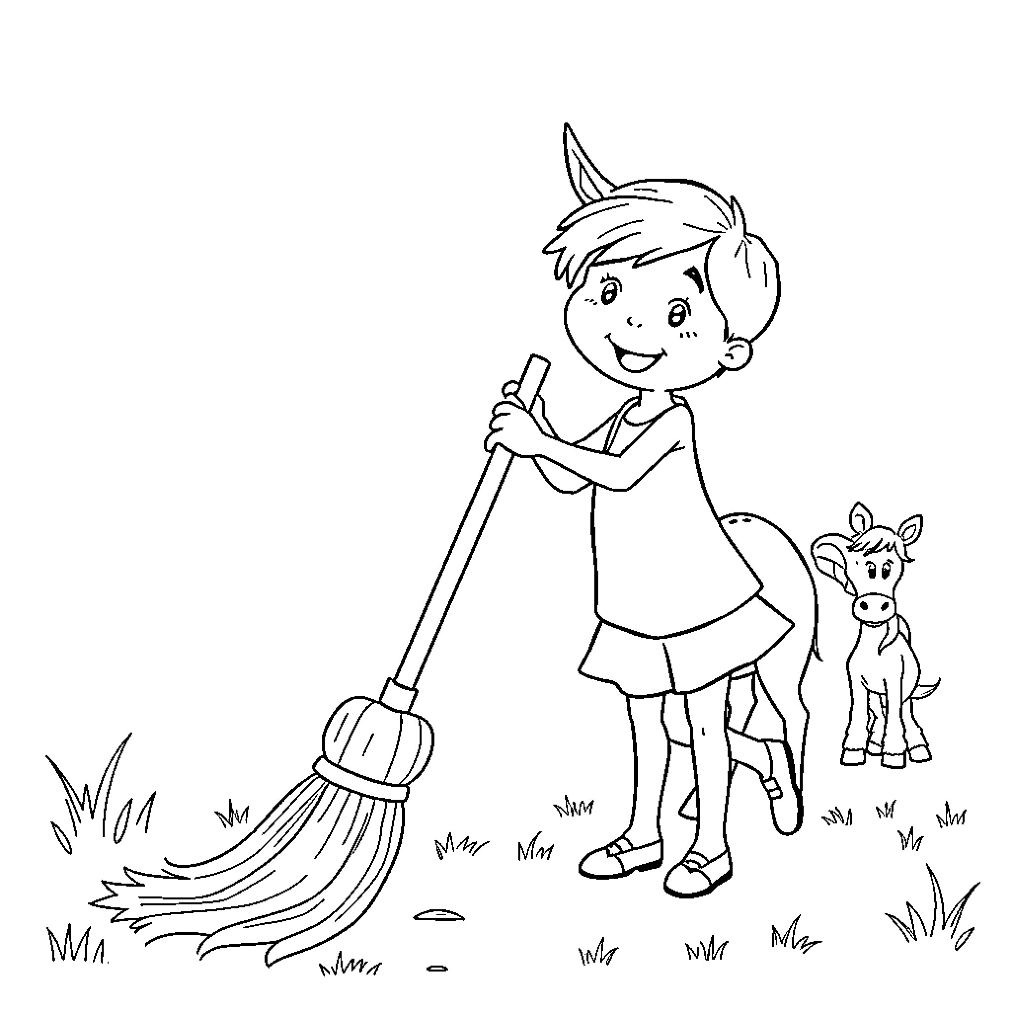 Child sweeping the yard with animal friends Coloring Page (free black-and-white line drawing printable PDF for all, from beginners to advanced learners, including children, teens, adults, and seniors)