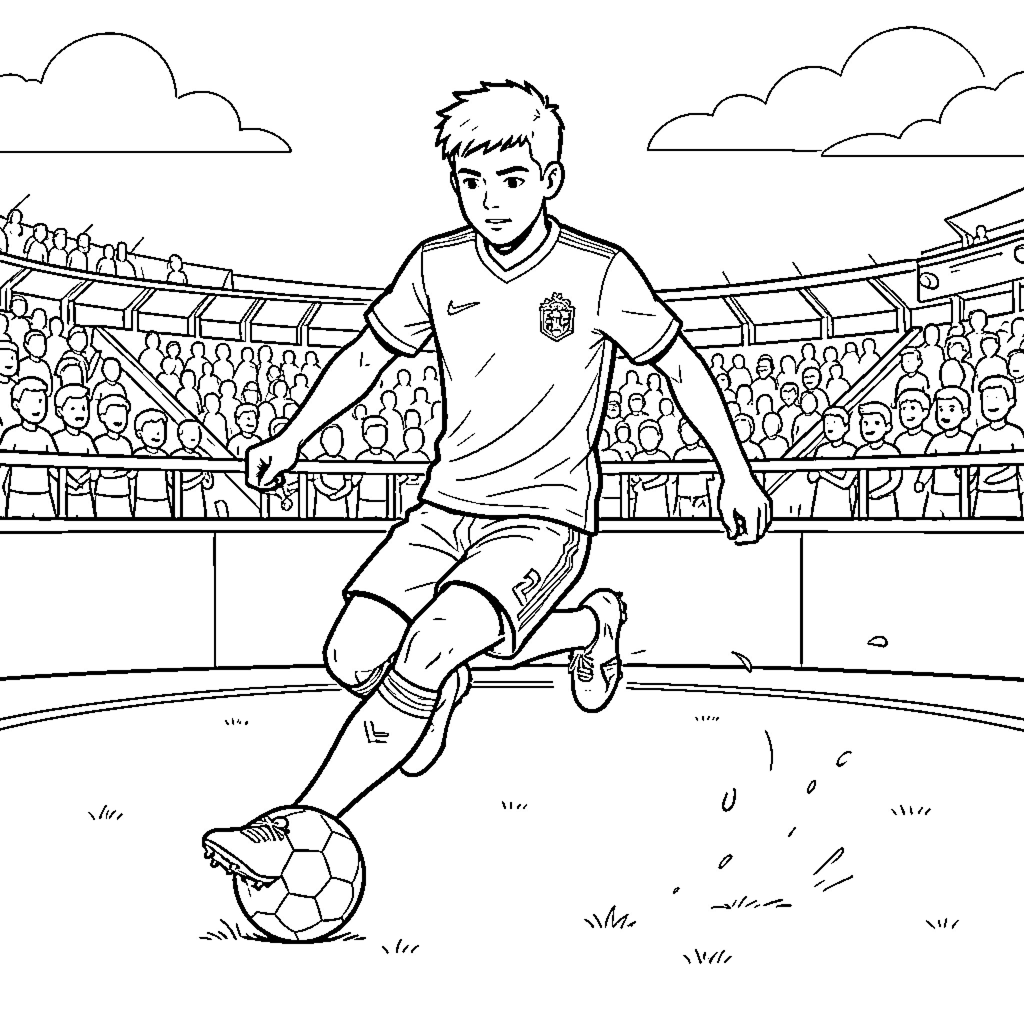 Mickael Olize dribbling a soccer ball in a stadium Coloring Page (free black-and-white line drawing printable PDF for all, from beginners to advanced learners, including children, teens, adults, and seniors)