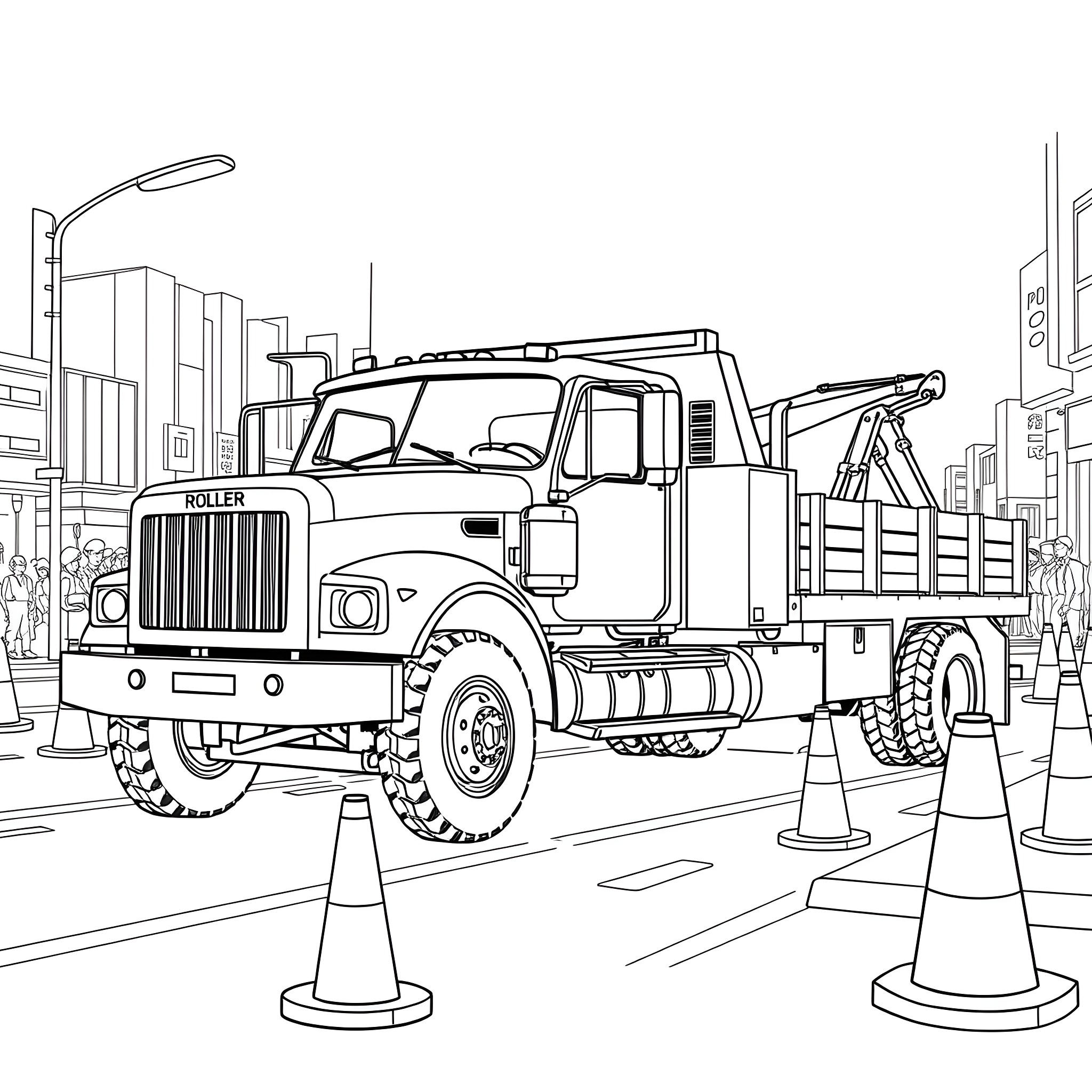Wrecker Truck Assisting in Urban Street Repair Coloring Page (free black-and-white line drawing printable PDF for all, from beginners to advanced learners, including children, teens, adults, and seniors)