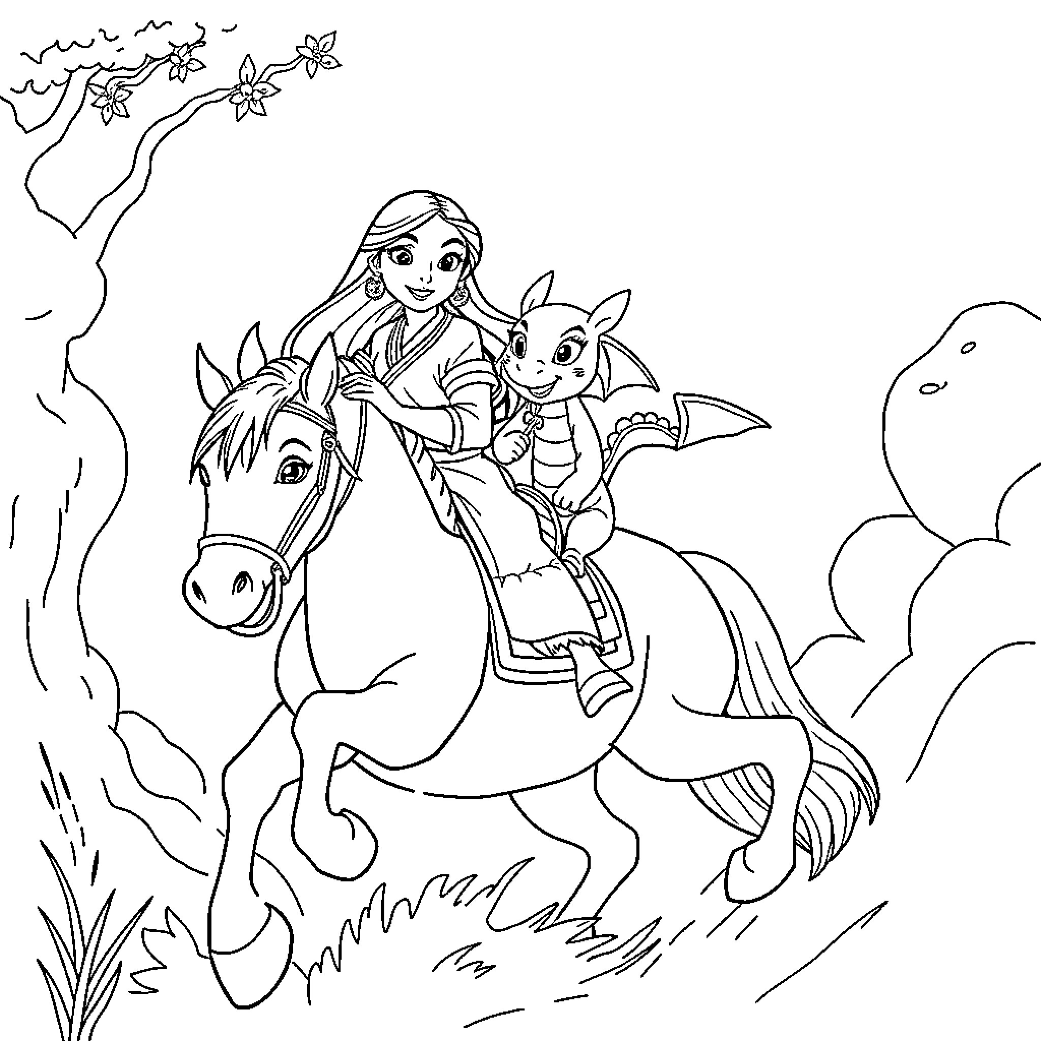Mulan riding horse and accompanied by Mushu Coloring Page (free black-and-white line drawing printable PDF for all, from beginners to advanced learners, including children, teens, adults, and seniors)