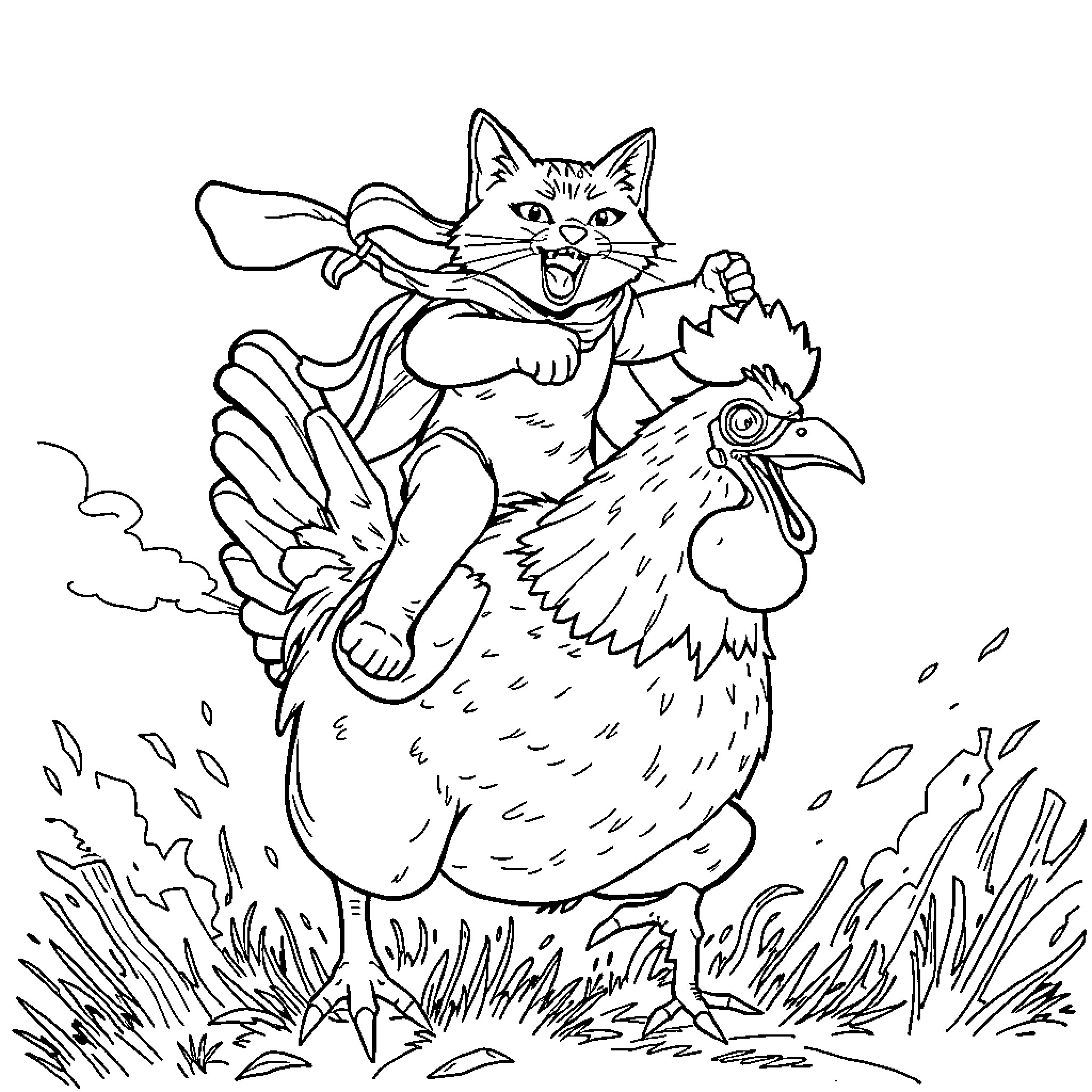 Cat riding a cheerful rooster in the countryside Coloring Page (free black-and-white line drawing printable PDF for all, from beginners to advanced learners, including children, teens, adults, and seniors)
