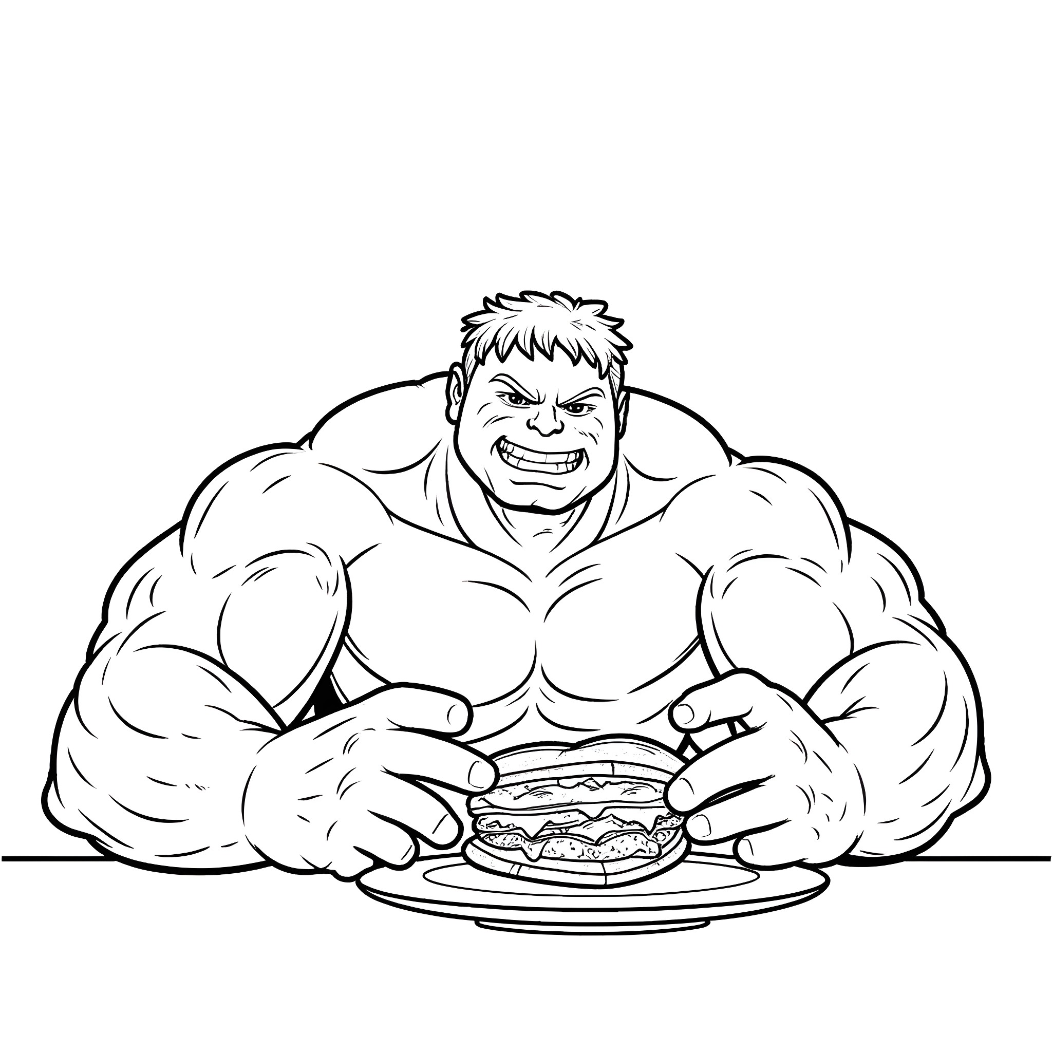 Hulk Enjoying a Hearty Meal Coloring Page (free black-and-white line drawing printable PDF for all, from beginners to advanced learners, including children, teens, adults, and seniors)