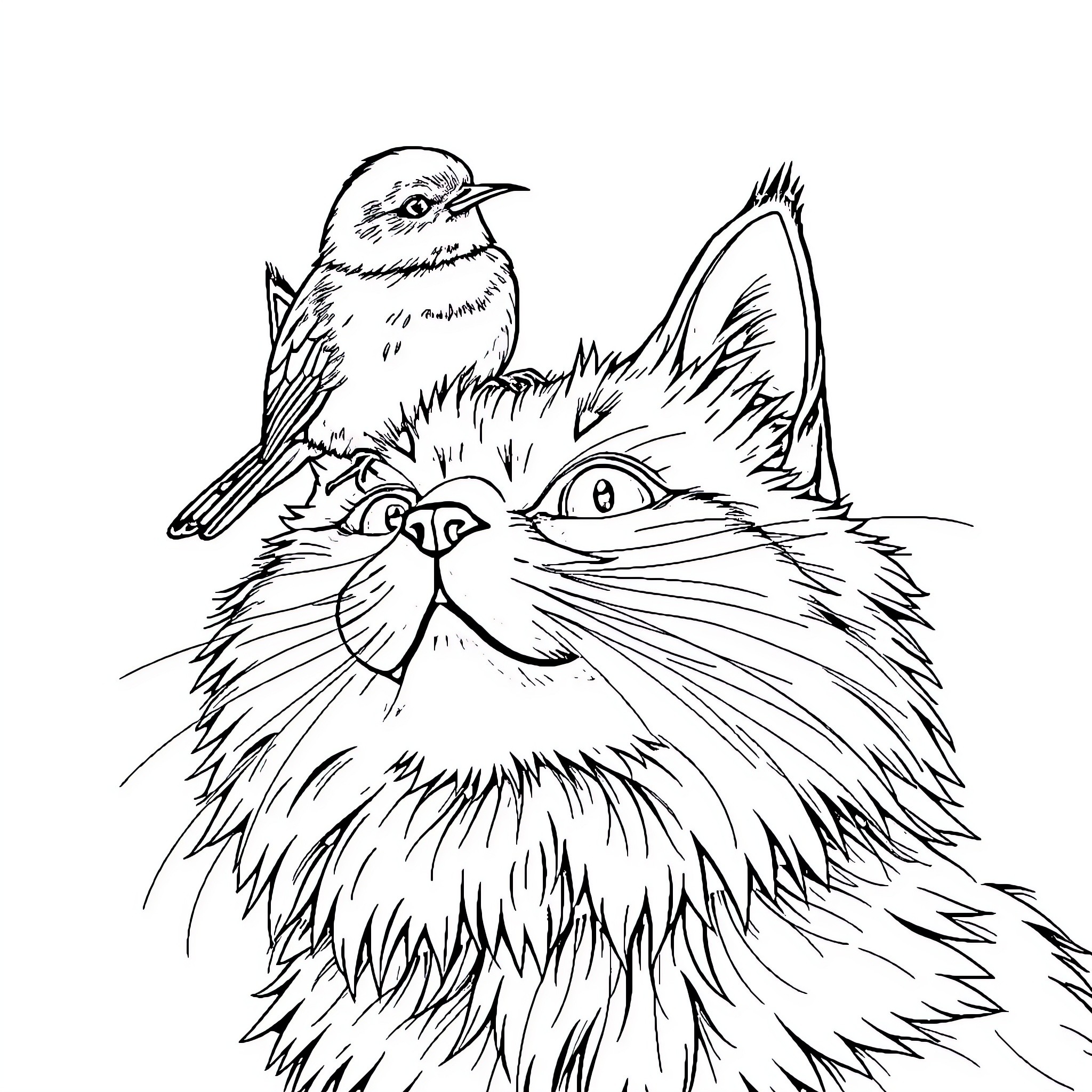 Bird perching on curious cat's face Coloring Page (free black-and-white line drawing printable PDF for all, from beginners to advanced learners, including children, teens, adults, and seniors)
