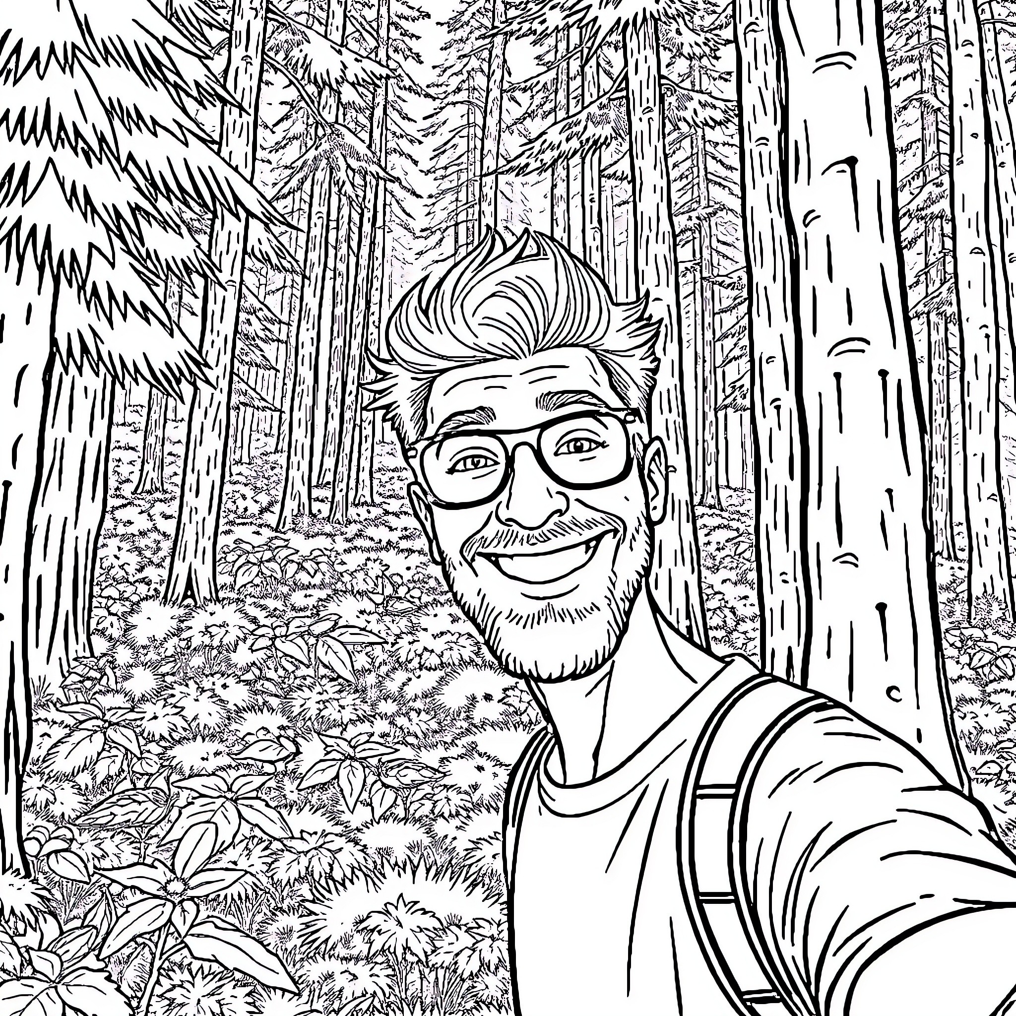 Joeri Geentjens taking a selfie in the forest Coloring Page (free black-and-white line drawing printable PDF for all, from beginners to advanced learners, including children, teens, adults, and seniors)