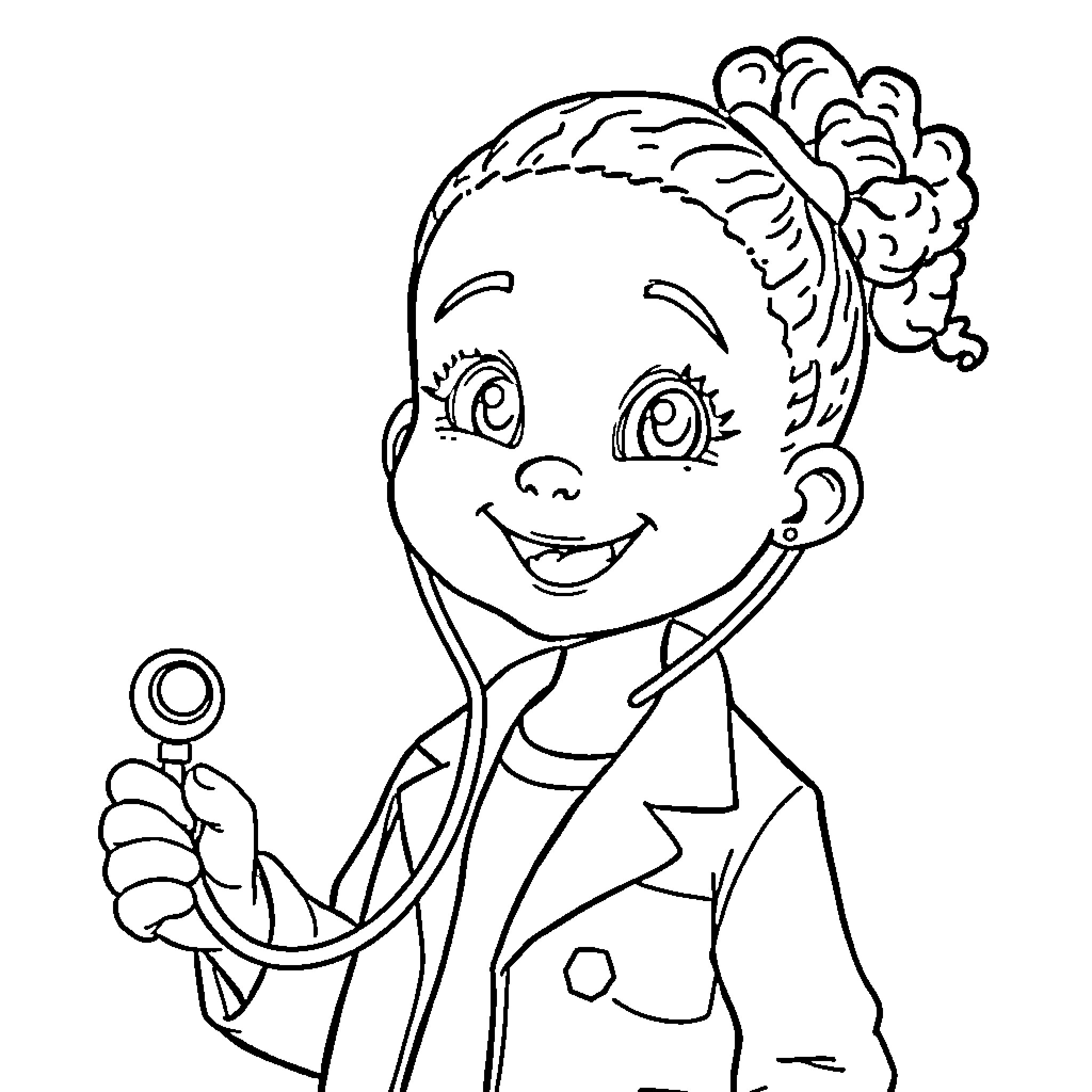 Doctor examining young patient with enthusiasm Coloring Page (free black-and-white line drawing printable PDF for all, from beginners to advanced learners, including children, teens, adults, and seniors)