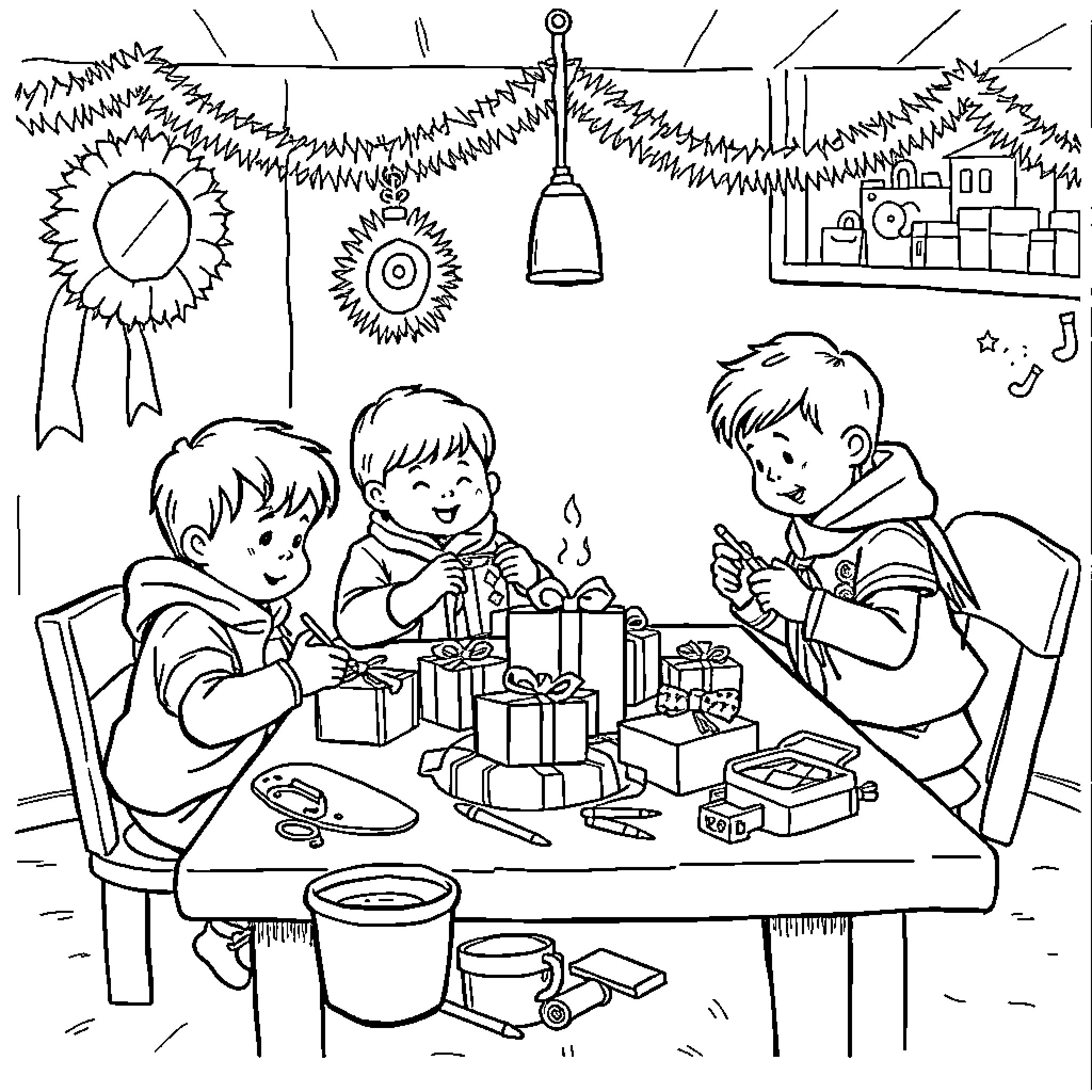Beaver boys opening presents at a party Coloring Page (free black-and-white line drawing printable PDF for all, from beginners to advanced learners, including children, teens, adults, and seniors)