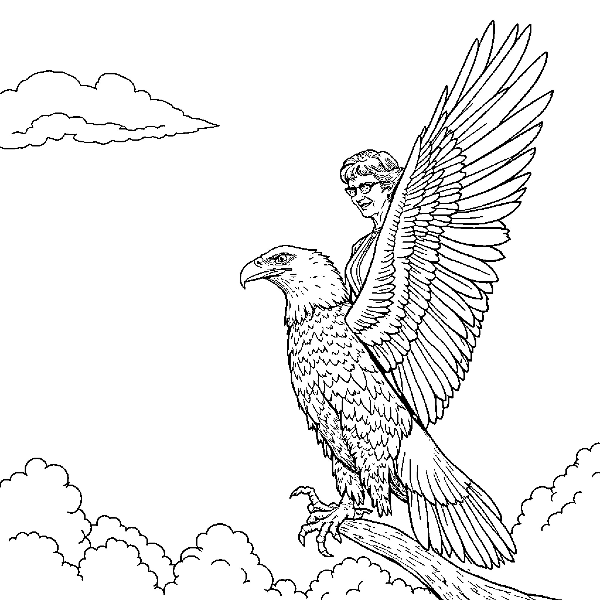 Judge Judy commanding an eagle in the sky Coloring Page (free black-and-white line drawing printable PDF for all, from beginners to advanced learners, including children, teens, adults, and seniors)