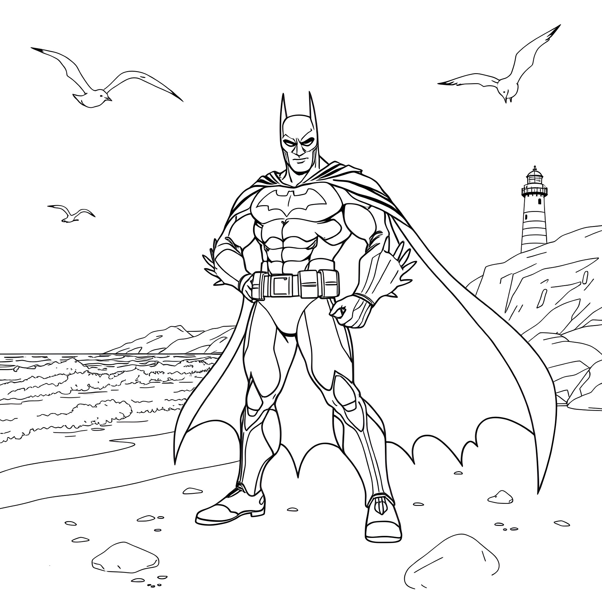 Batman standing heroically on the coastal cliffs Coloring Page (free black-and-white line drawing printable PDF for all, from beginners to advanced learners, including children, teens, adults, and seniors)