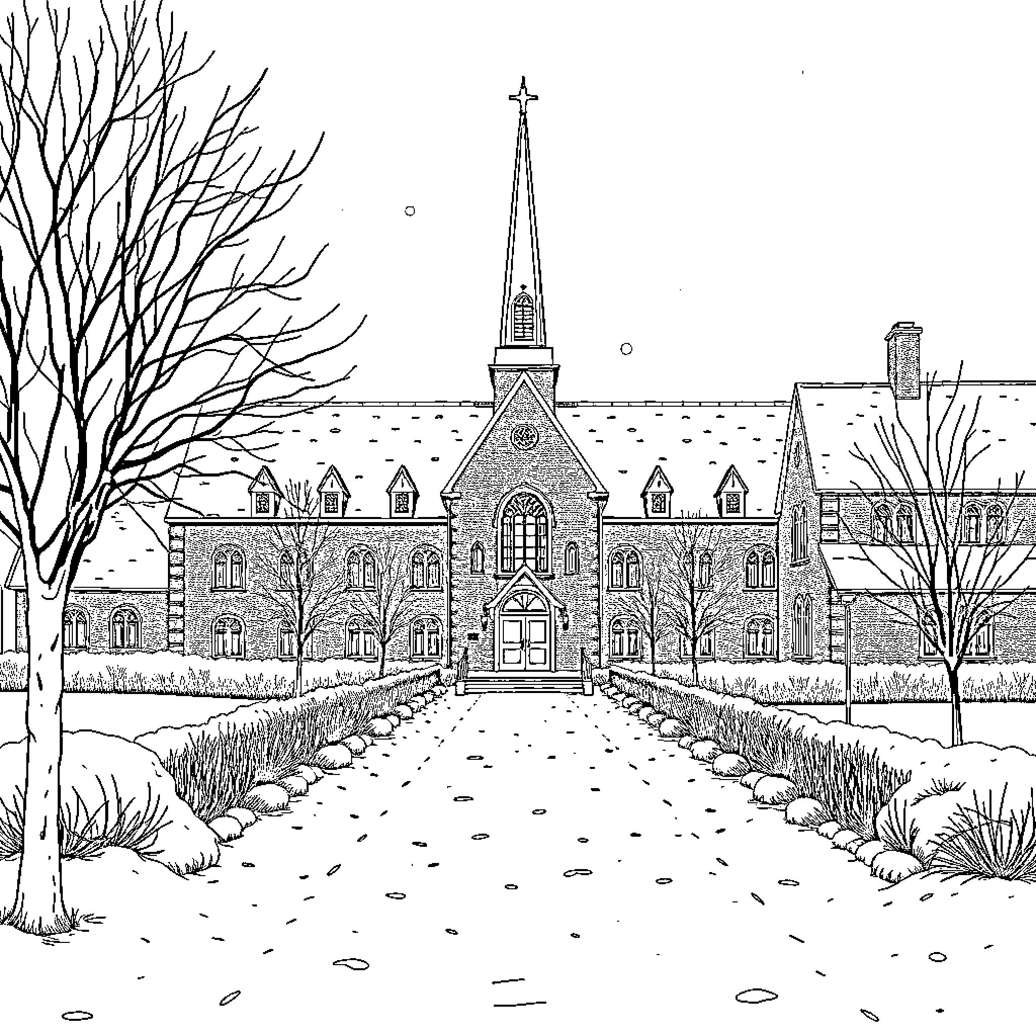 Sint Clemensschool: Historic Building in Winter Landscape Coloring Page (free black-and-white line drawing printable PDF for all, from beginners to advanced learners, including children, teens, adults, and seniors)