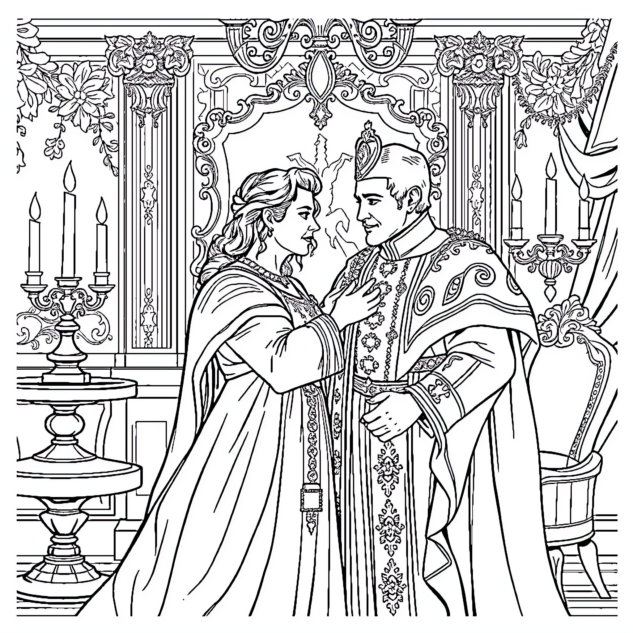 Chayanne: Elegant Couple in Ornate Church Scene Coloring Page (free black-and-white line drawing printable PDF for all, from beginners to advanced learners, including children, teens, adults, and seniors)