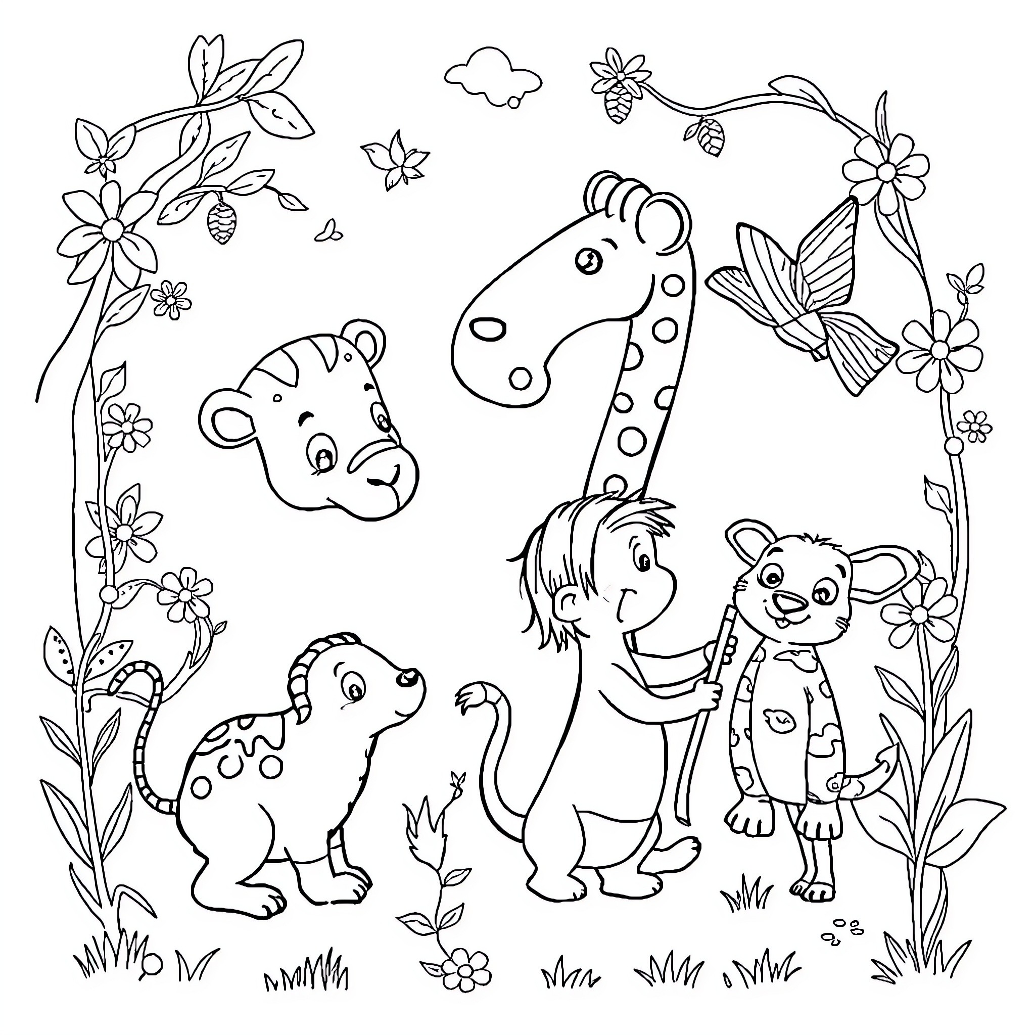Animal friends in a floral garden Coloring Page (free black-and-white line drawing printable PDF for all, from beginners to advanced learners, including children, teens, adults, and seniors)