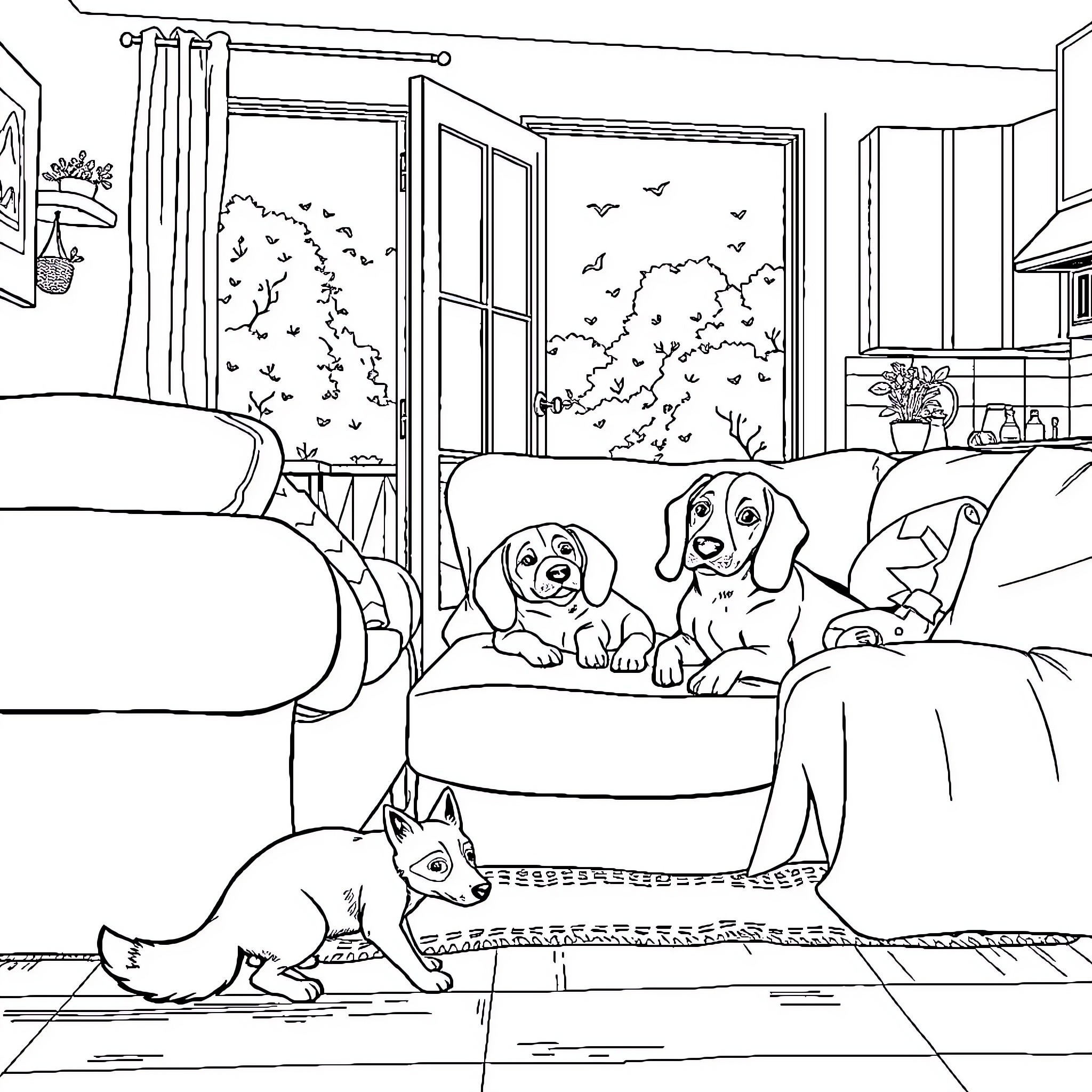 Fox Pups Relaxing Indoors with Feline Friend Coloring Page (free black-and-white line drawing printable PDF for all, from beginners to advanced learners, including children, teens, adults, and seniors)