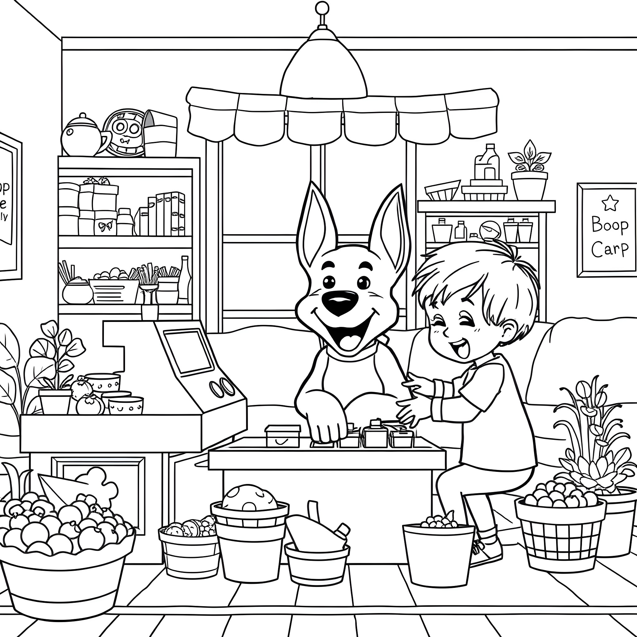 Bluey playing with a friend in a cozy home setting Coloring Page (free black-and-white line drawing printable PDF for all, from beginners to advanced learners, including children, teens, adults, and seniors)