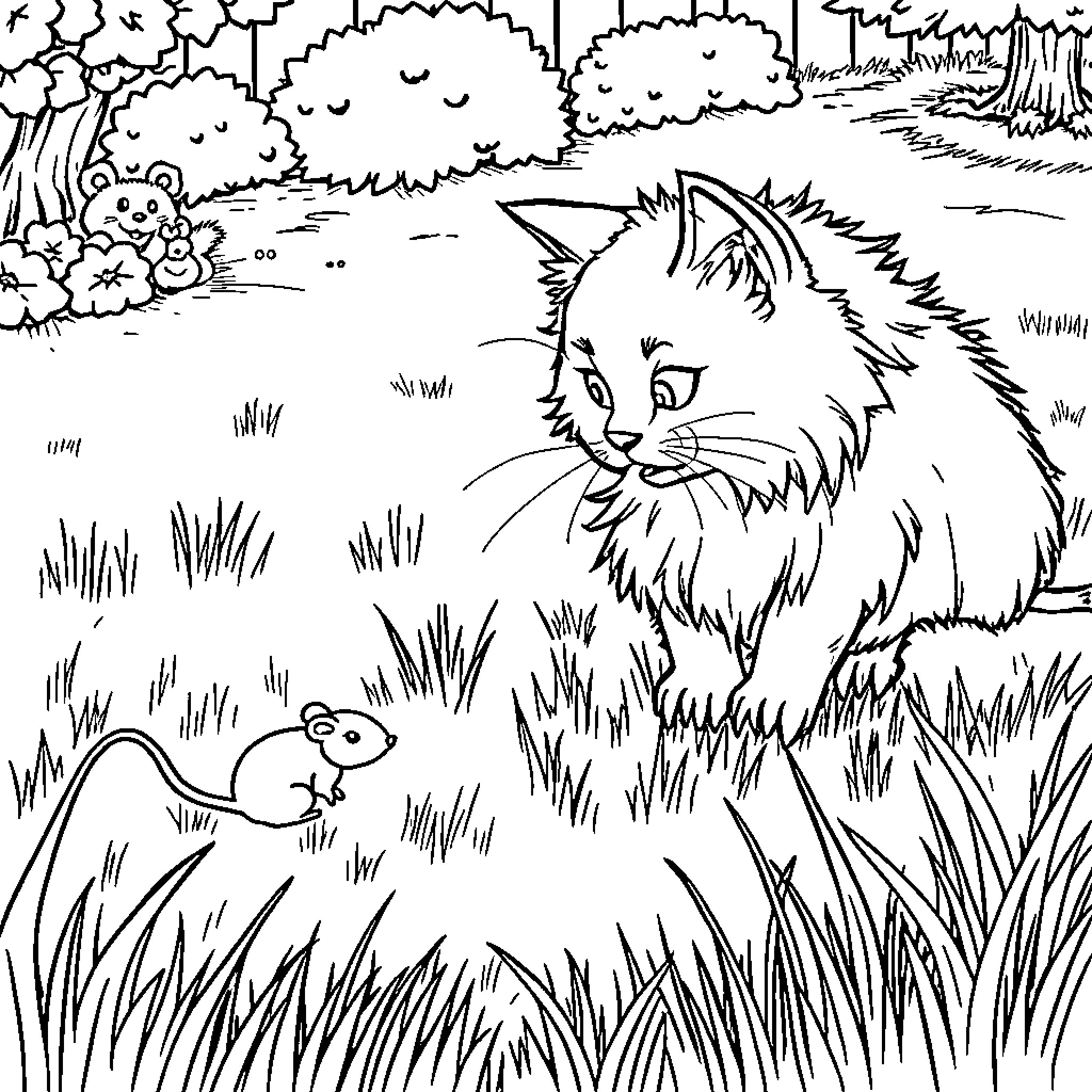 Cat Exploring a Woodland Scene Coloring Page (free black-and-white line drawing printable PDF for all, from beginners to advanced learners, including children, teens, adults, and seniors)