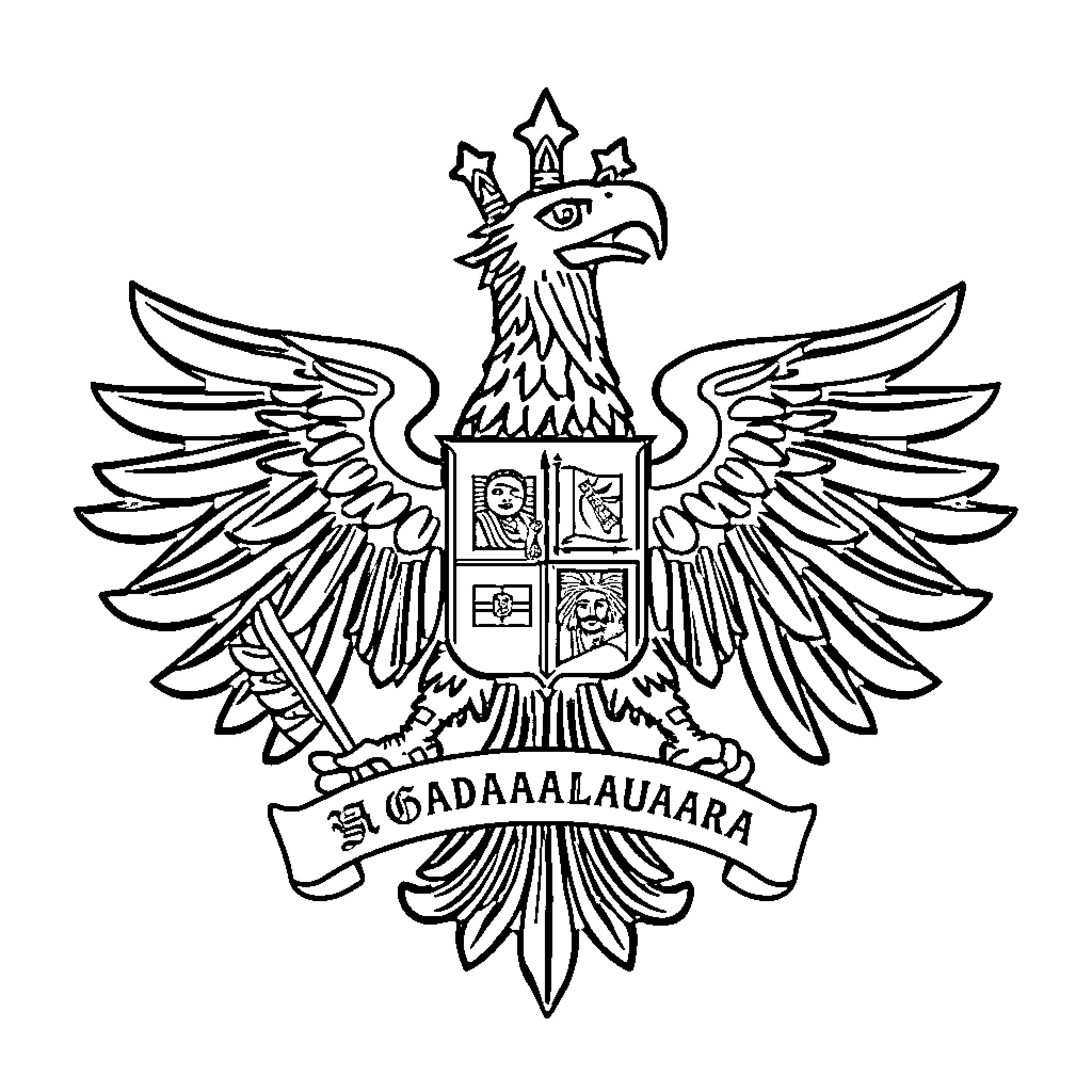 Guadalajara Heraldic Eagle with Ornate Design Coloring Page (free black-and-white line drawing printable PDF for all, from beginners to advanced learners, including children, teens, adults, and seniors)