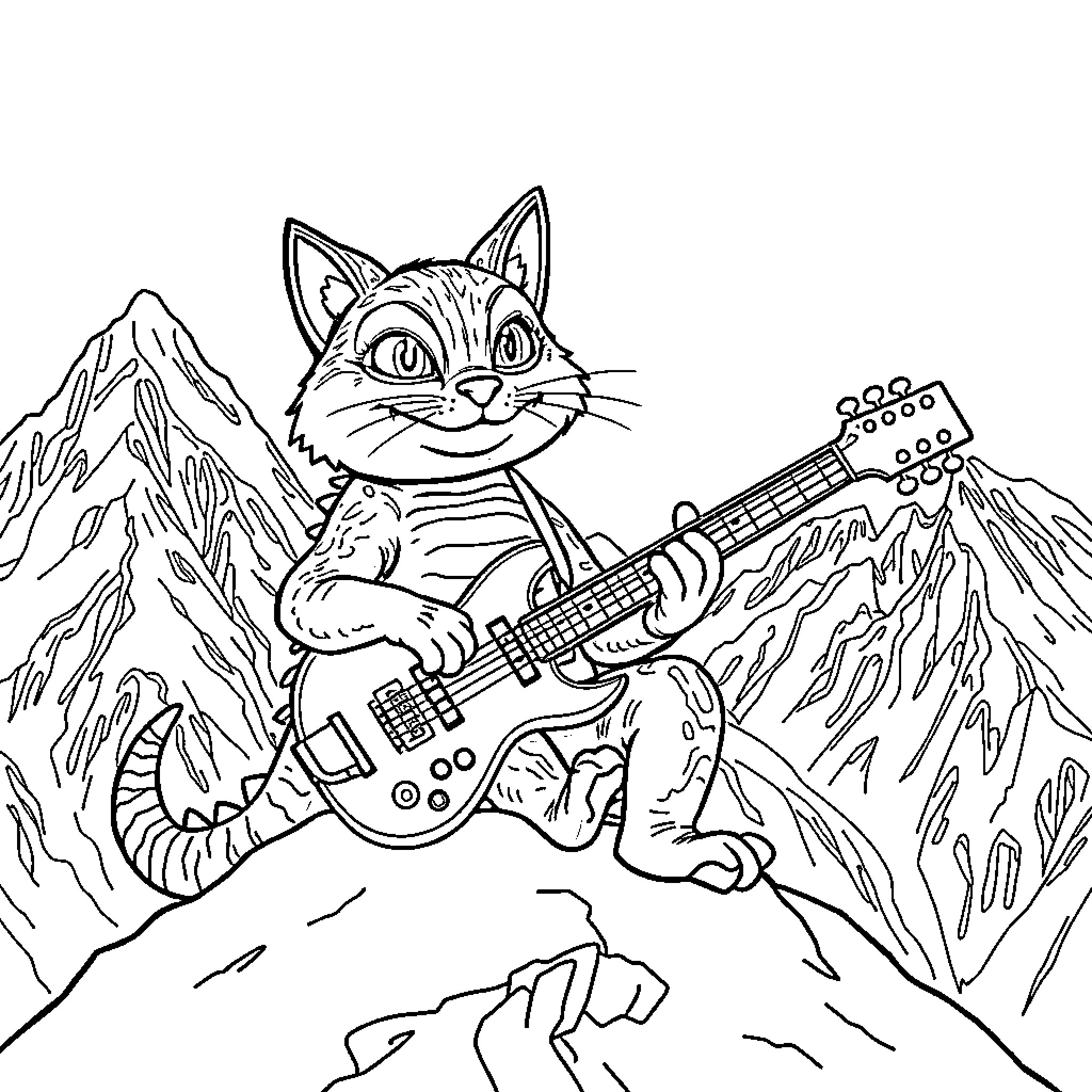Crococat playing electric guitar in the mountains Coloring Page (free black-and-white line drawing printable PDF for all, from beginners to advanced learners, including children, teens, adults, and seniors)