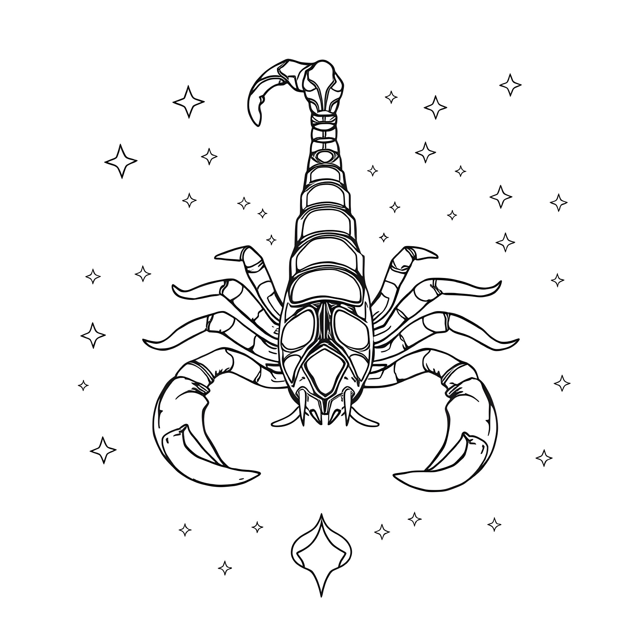 Scorpio constellation under starry night Coloring Page (free black-and-white line drawing printable PDF for all, from beginners to advanced learners, including children, teens, adults, and seniors)