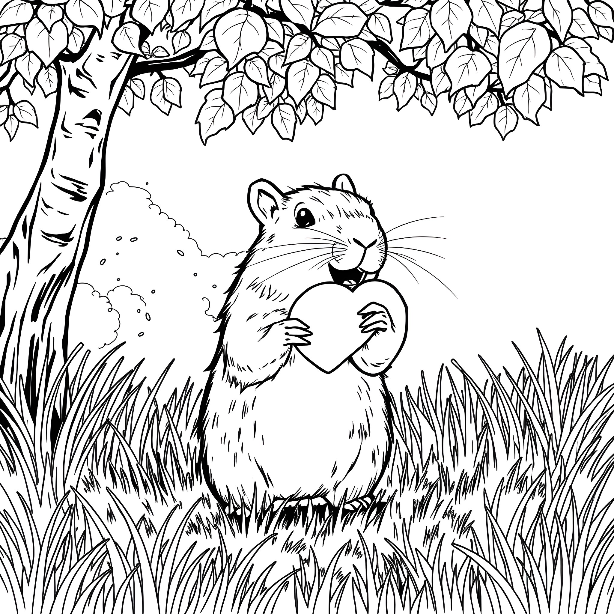 Capybara enjoying a treat in the forest Coloring Page (free black-and-white line drawing printable PDF for all, from beginners to advanced learners, including children, teens, adults, and seniors)