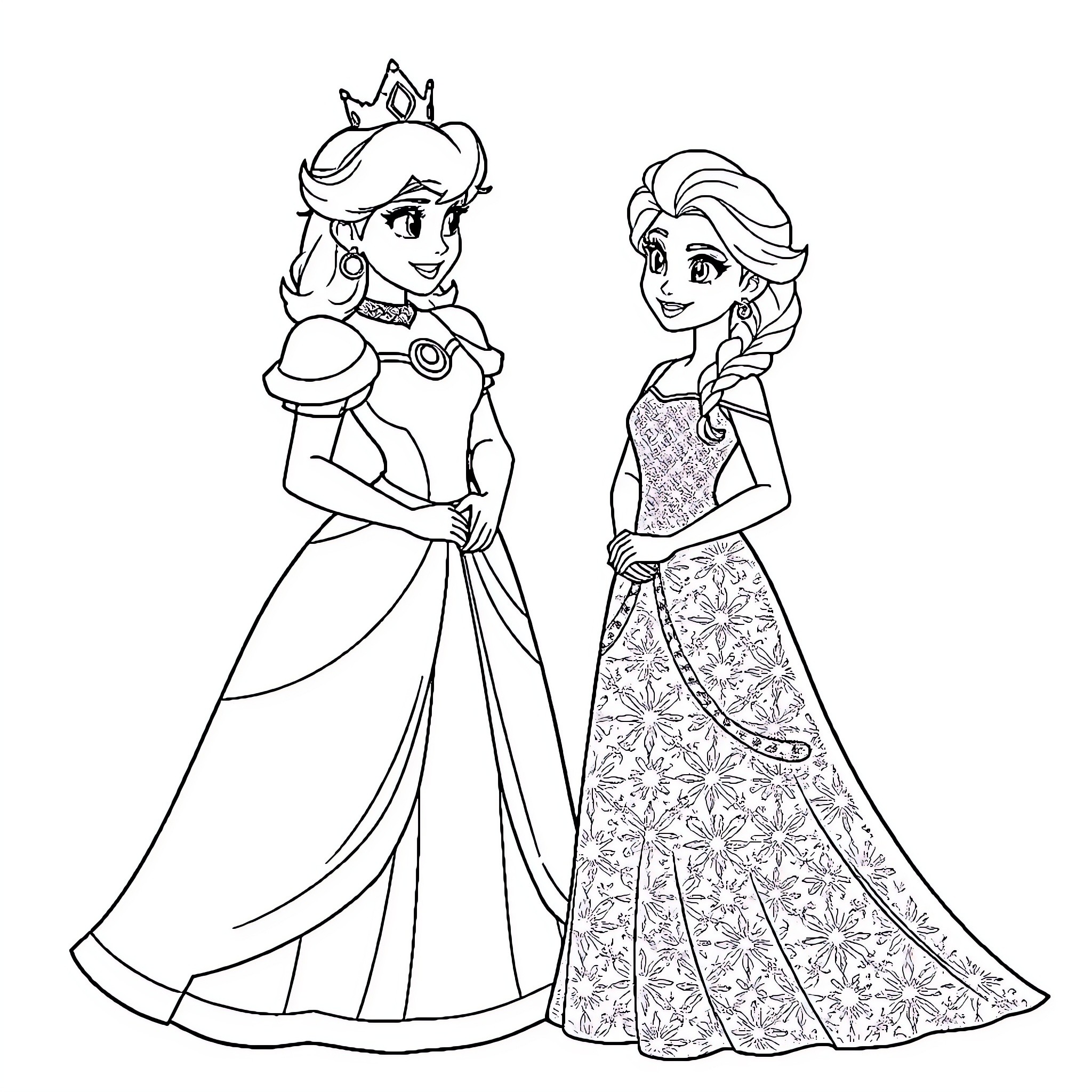 Princess Outfits and Elegant Dresses Coloring Page (free black-and-white line drawing printable PDF for all, from beginners to advanced learners, including children, teens, adults, and seniors)