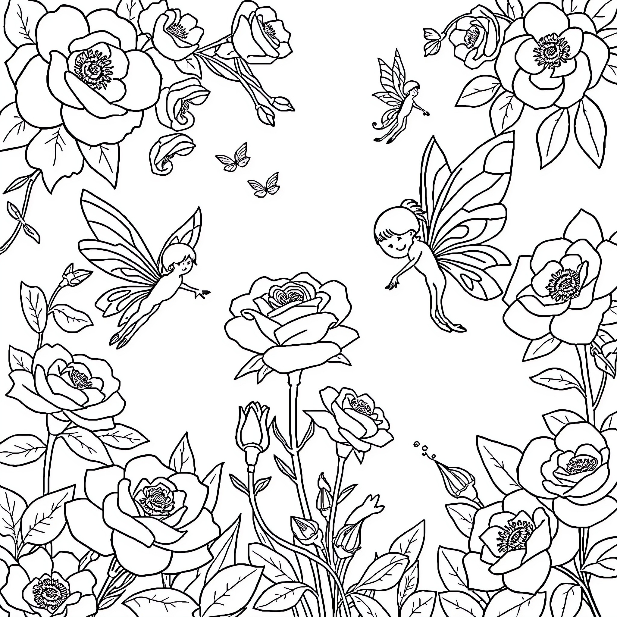 Fairy Frolicking among Flowers and Butterflies Coloring Page (free black-and-white line drawing printable PDF for all, from beginners to advanced learners, including children, teens, adults, and seniors)