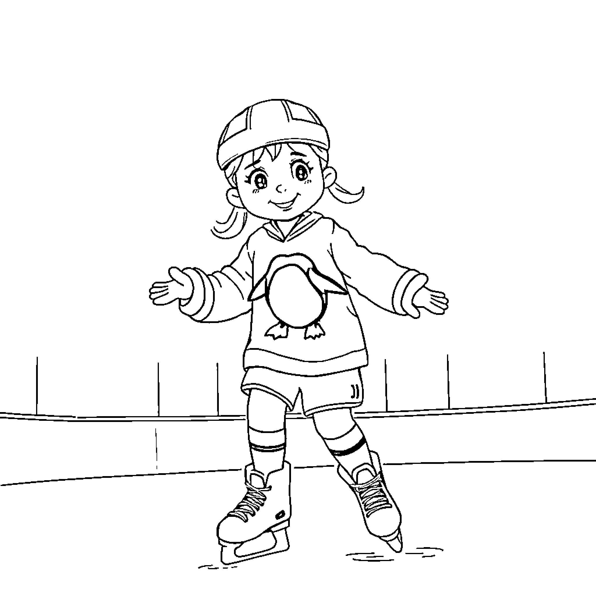 Girl in winter sports gear on ice rink Coloring Page (free black-and-white line drawing printable PDF for all, from beginners to advanced learners, including children, teens, adults, and seniors)